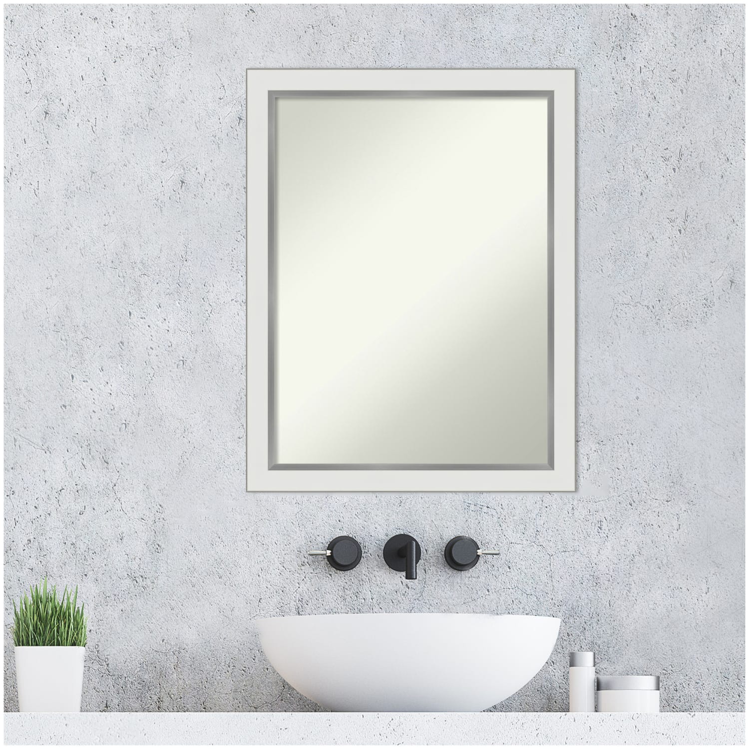 Amanti Art Narrow Non-Beveled Rectangle Framed Bathroom Wall Mirror, 27in x 21in, Eva White Silver - Image 4