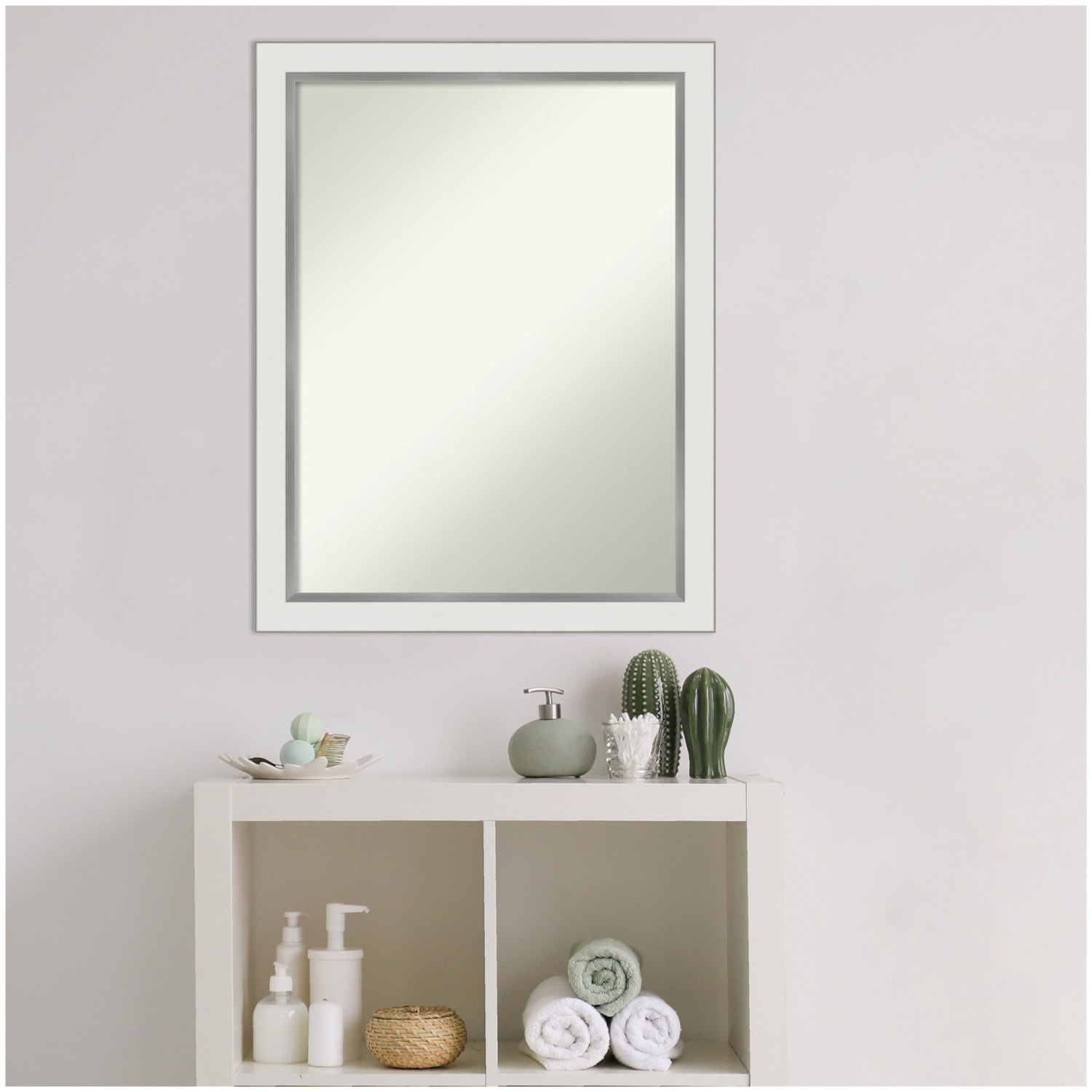 Amanti Art Narrow Non-Beveled Rectangle Framed Bathroom Wall Mirror, 27in x 21in, Eva White Silver - Image 5