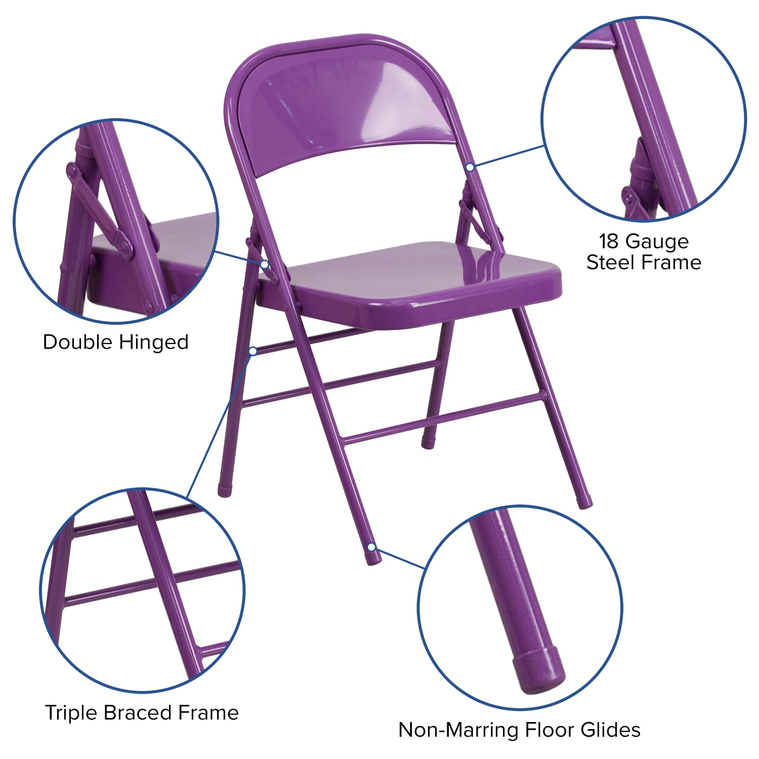 Flash Furniture HERCULES COLORBURST Series Triple Braced  Double Hinged Metal Folding Chairs Impulsive Purple Pack Of 2 Chairs PopularChairscom
