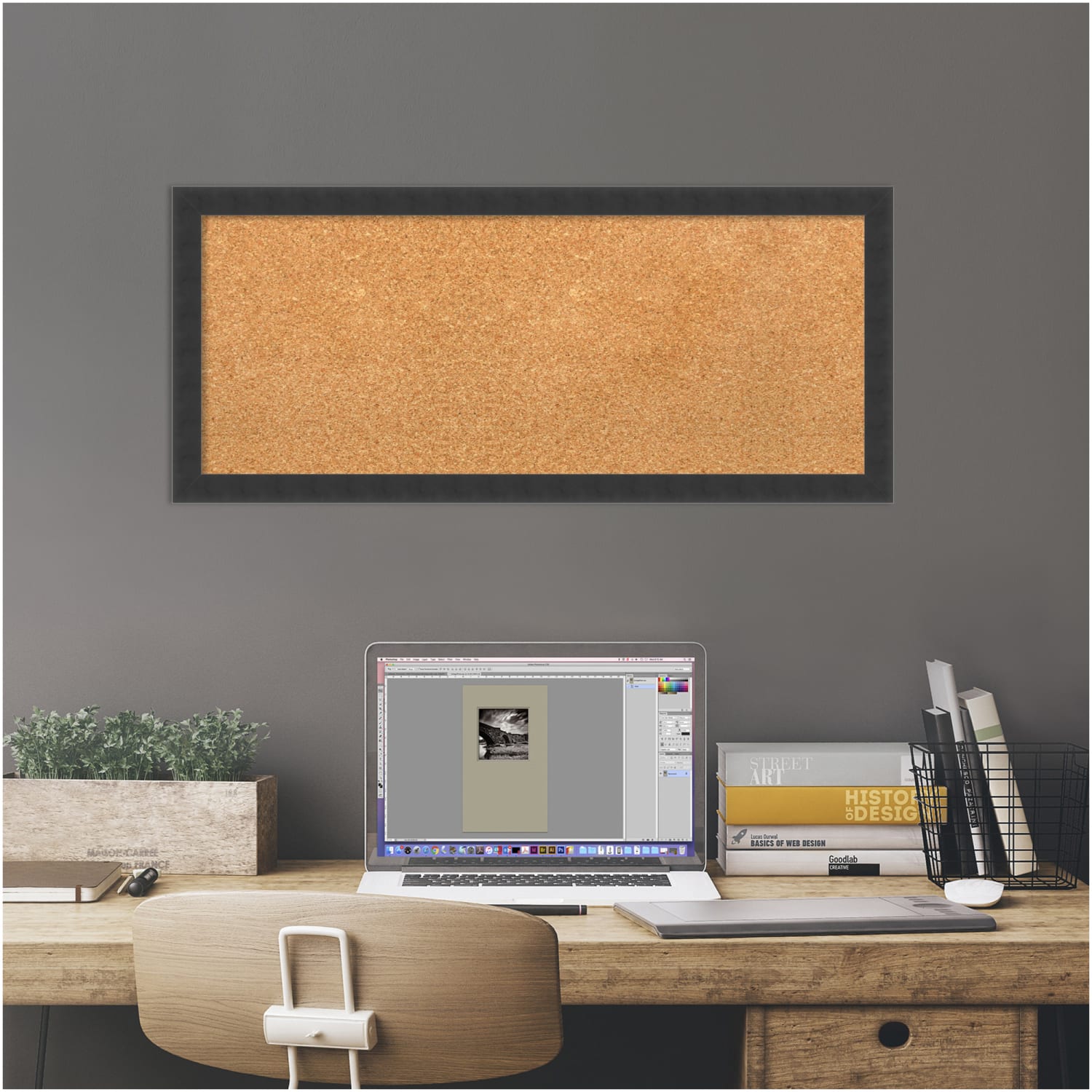 Amanti Art Cork Bulletin Board, 32in x 14in, Natural, Mezzanotte Black Wood Frame - Image 5