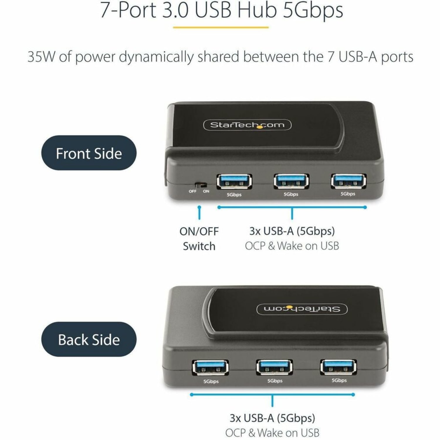 StarTech.com 7-Port USB Hub, USB 3.0 5Gbps, USB-A to 7x USB-A, Self Powered USB-A Expansion Hub w/ 35W Power Supply - 5G7ASUSBAHUB - Image 3