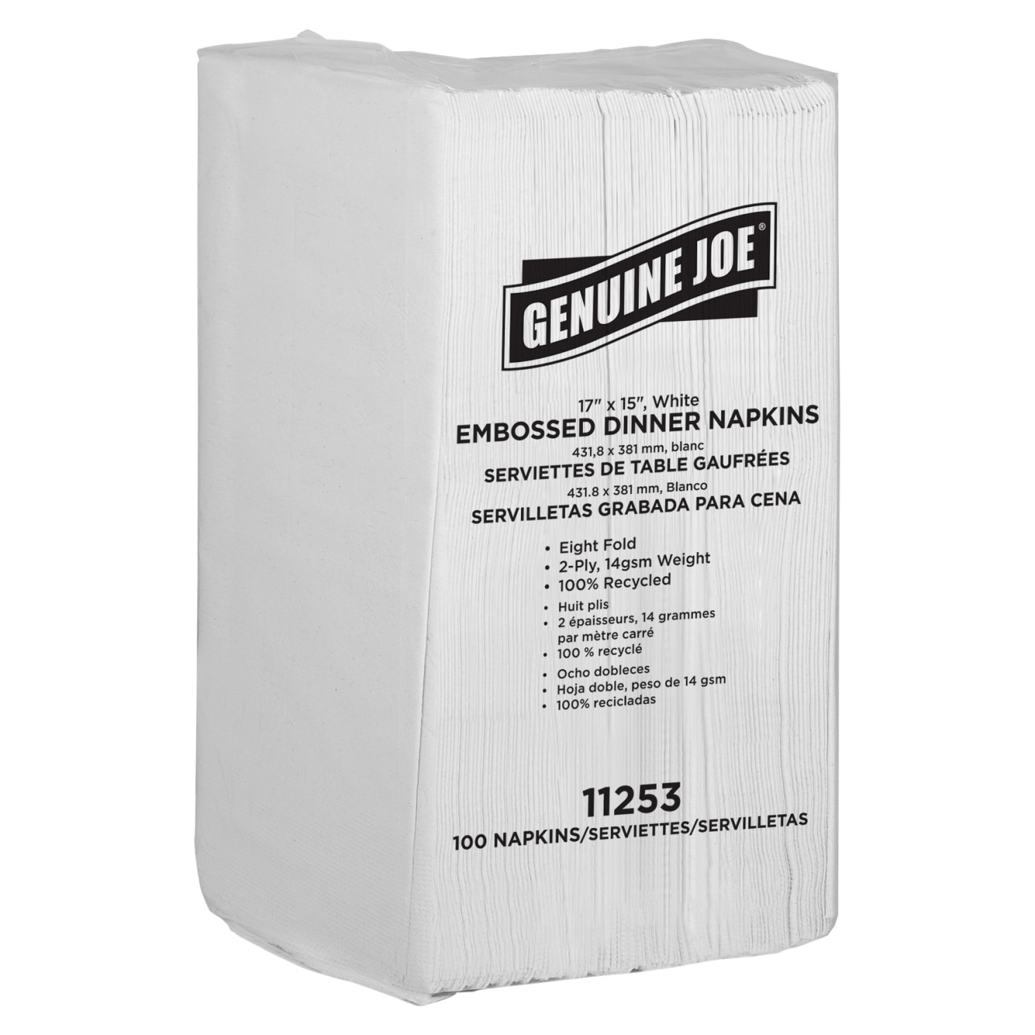 Genuine Joe Embossed 2-Ply Dinner Napkins, 17in x 15in, 100% Recycled, White, 100 Napkins Per Sleeve, Carton Of 30 Sleeves - Image 3