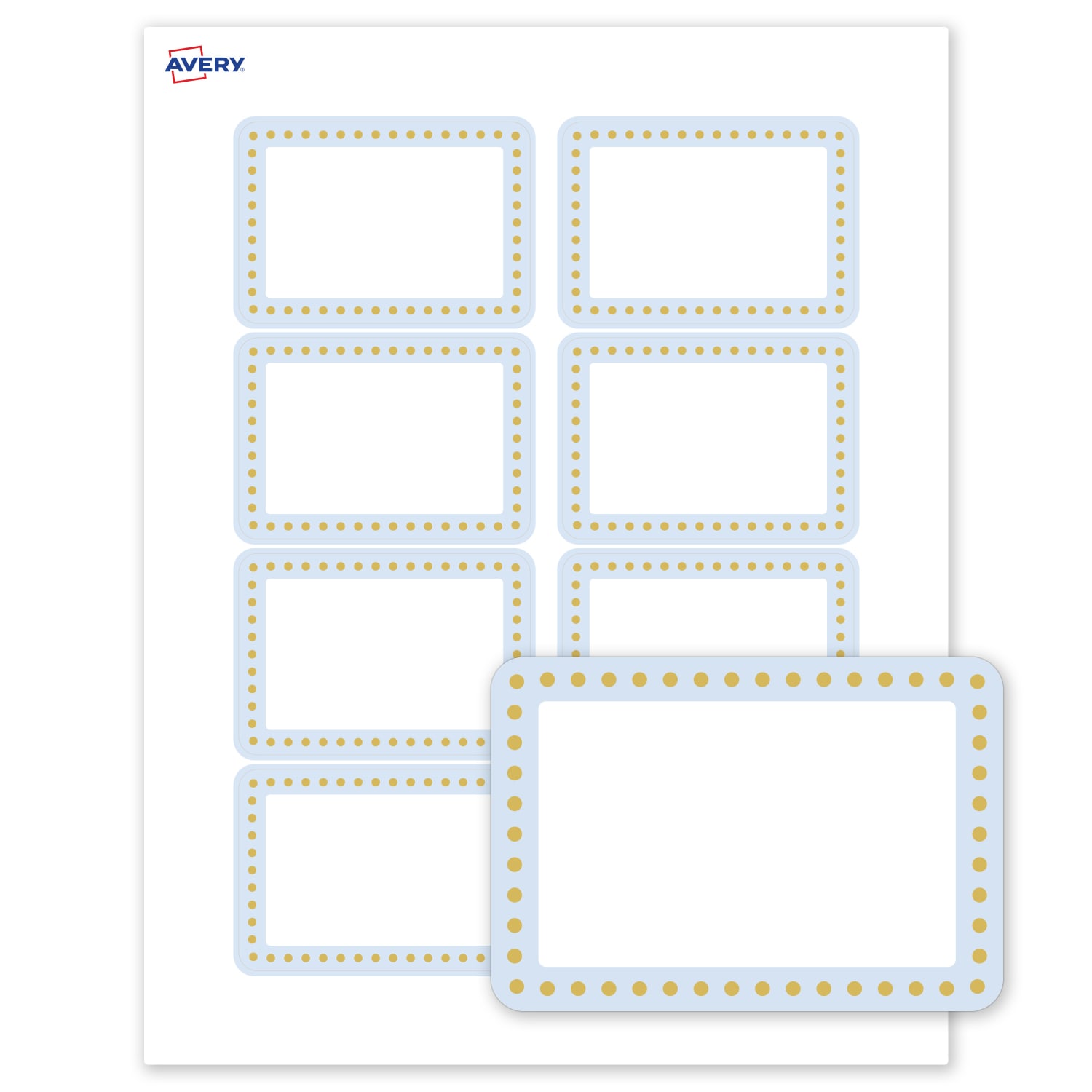 Avery Printable Adhesive Name Badges/Preprinted Designs, Rectangle, S00-EY7, 2-1/3in x 3-3/8in, Matte White/Blue Border/Gold Dots, Pack Of 80 - Image 3
