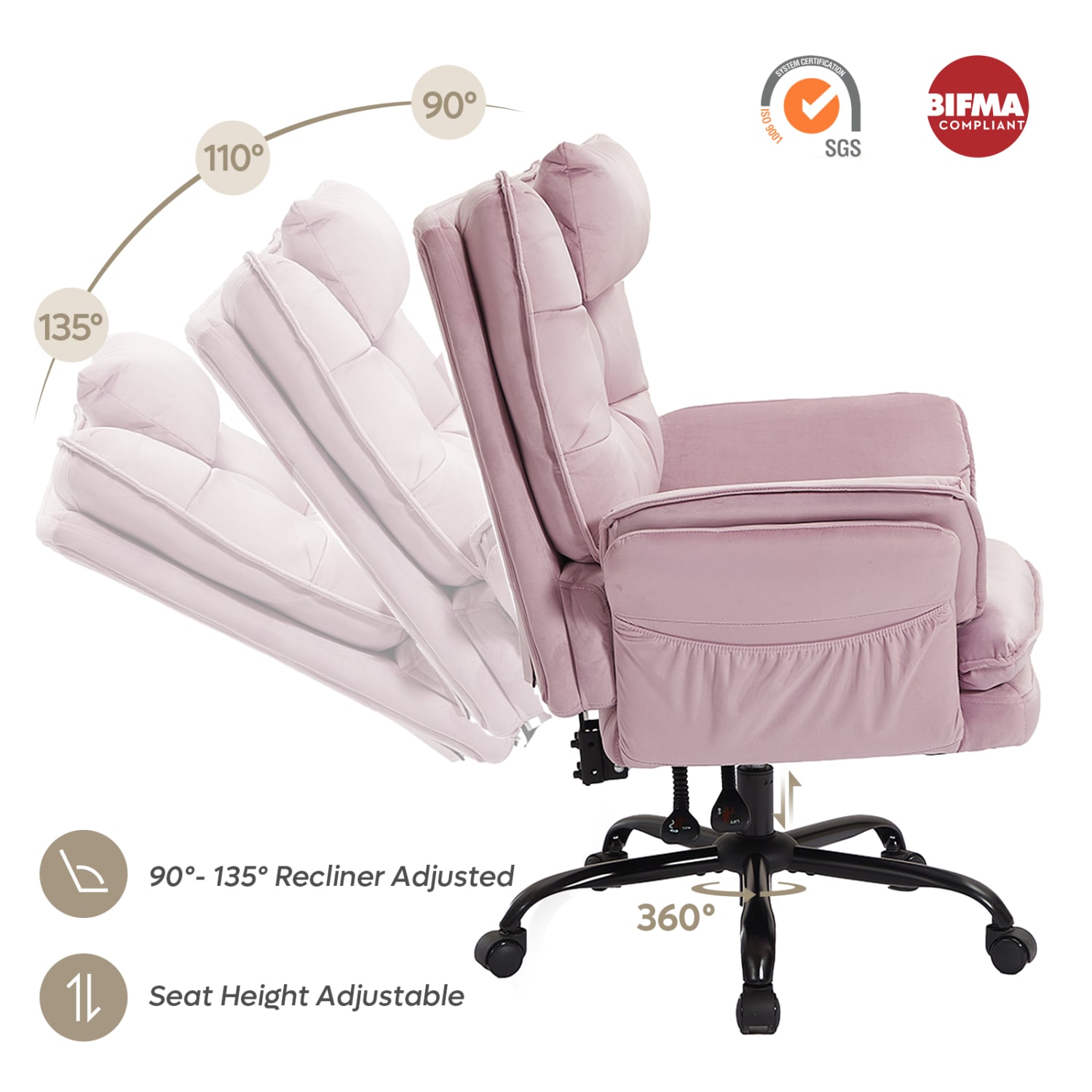 Bestier Ergonomic Velvet High-Back Executive Office Chair, Pink - Image 4