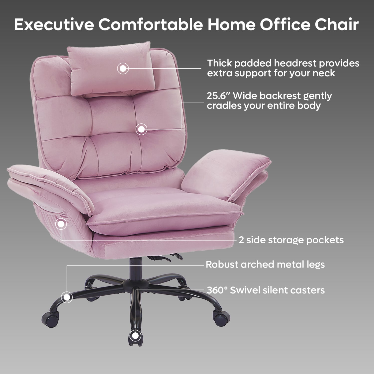 Bestier Ergonomic Velvet High-Back Executive Office Chair, Pink - Image 6