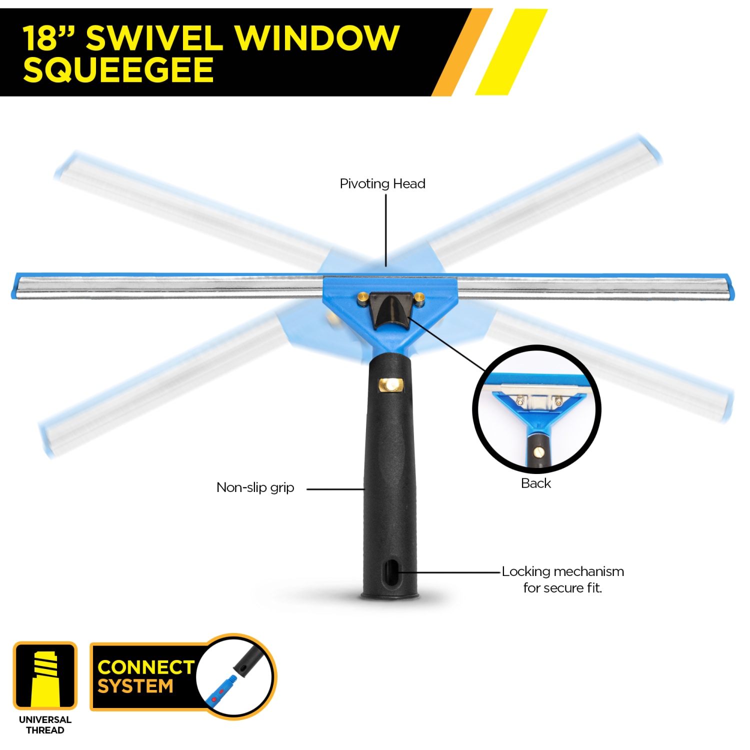 Gritt Commercial Swivel Window Squeegee With Quick Release, 18in, Blue/Silver/Black - Image 6