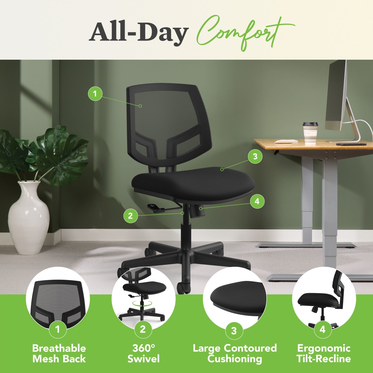 HON Volt Seating Mesh Mid-Back Task Chair, Black - Image 5