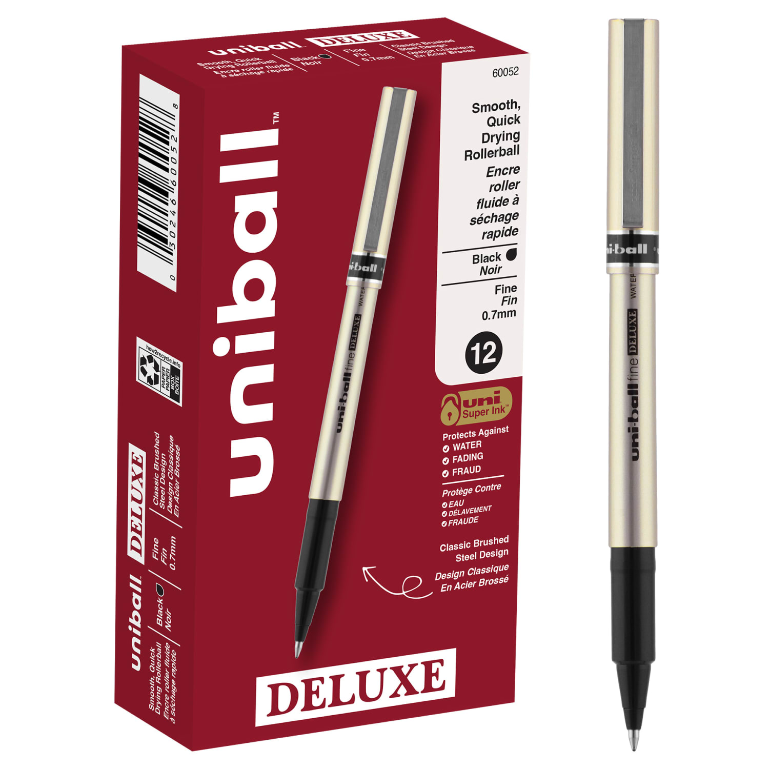 uni-ball Deluxe Rollerball Pens, Fine Point, 0.7 mm, Gold Barrel, Black Ink, Pack Of 12