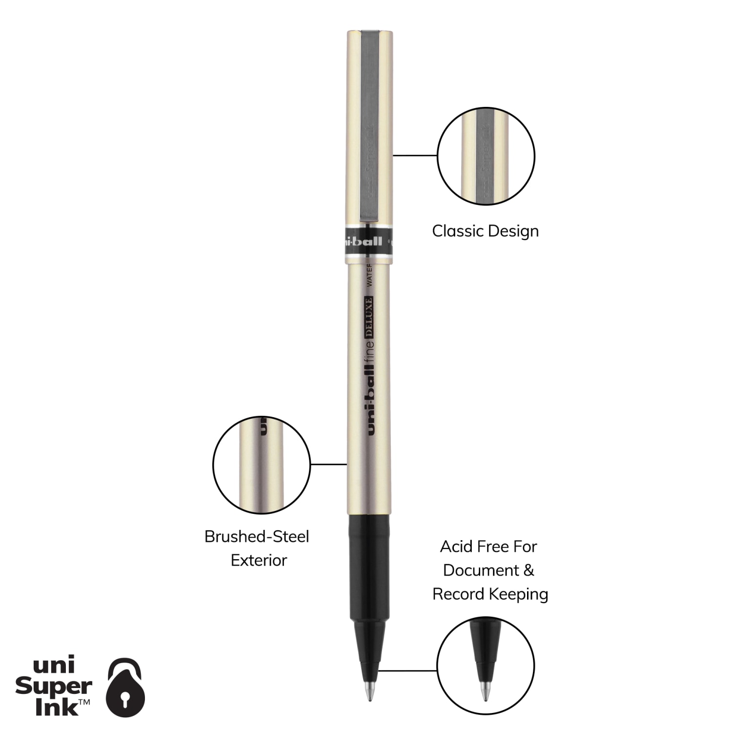 uni-ball Deluxe Rollerball Pens, Fine Point, 0.7 mm, Gold Barrel, Black Ink, Pack Of 12 - Image 4