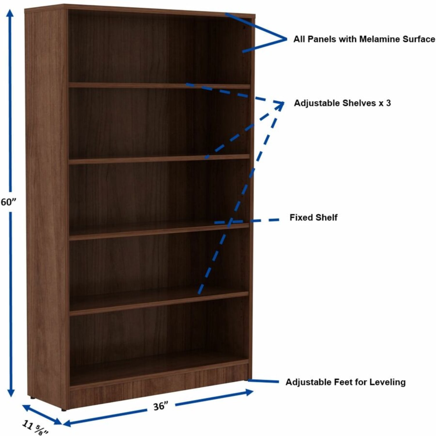 Lorell 60inH 5-Shelf Bookcase, Walnut - Image 5