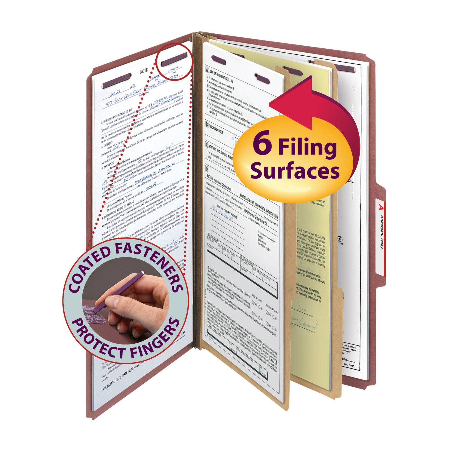 Smead Pressboard Classification Folder, 2 Dividers, Legal Size, 100% Recycled, Red/Brown - Image 3