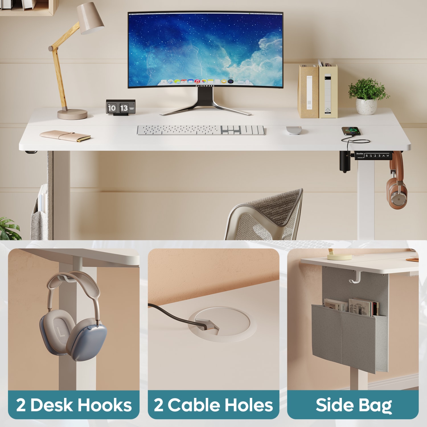 Bestier Electric Adjustable-Height Standing Desk With 3 Height-Memory Presets & USB Port, 56inW, White Oak - Image 3