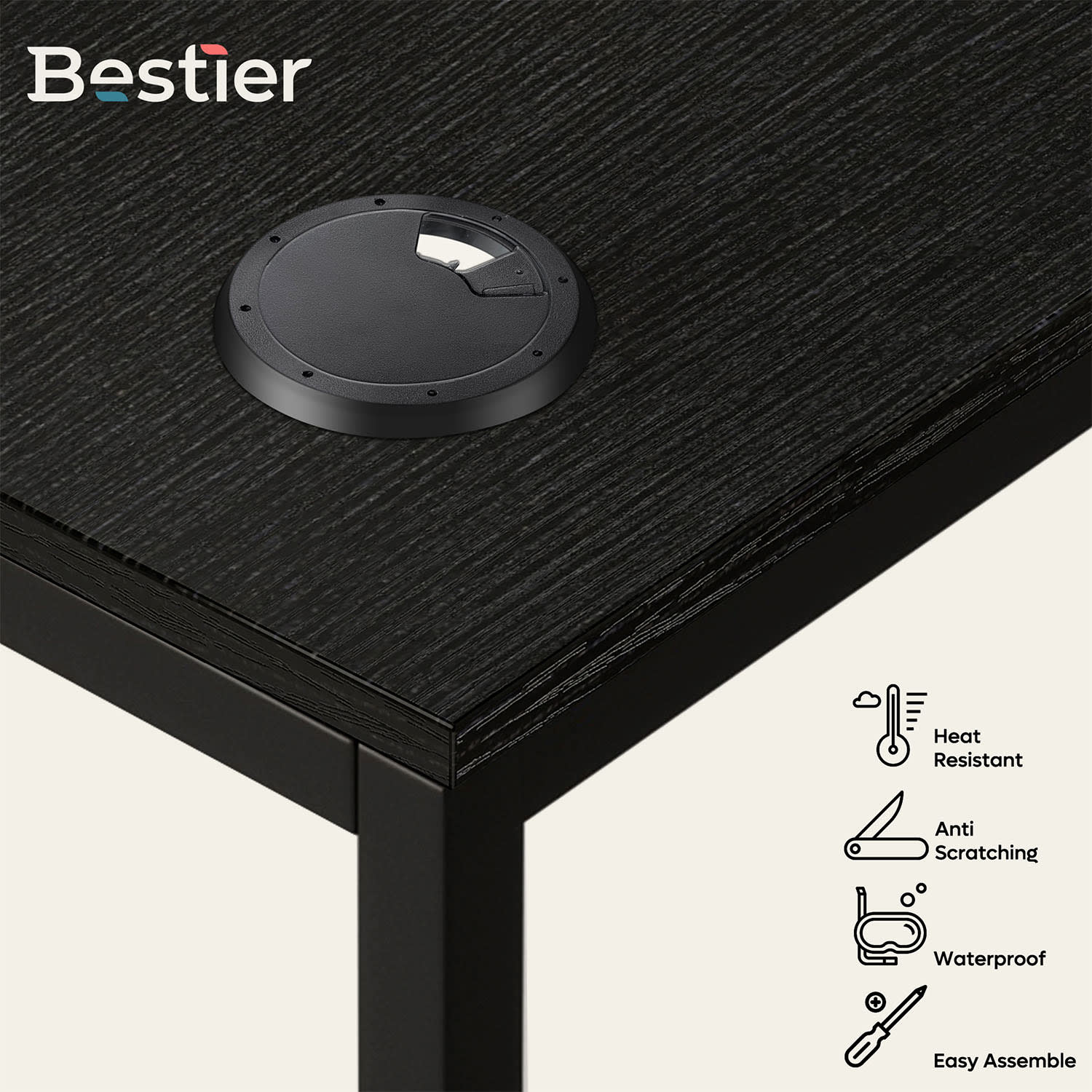 Bestier L-Shaped Corner Computer Desk With Storage Shelf, 3 Cable Holes, 56inW, Grained Black - Image 4