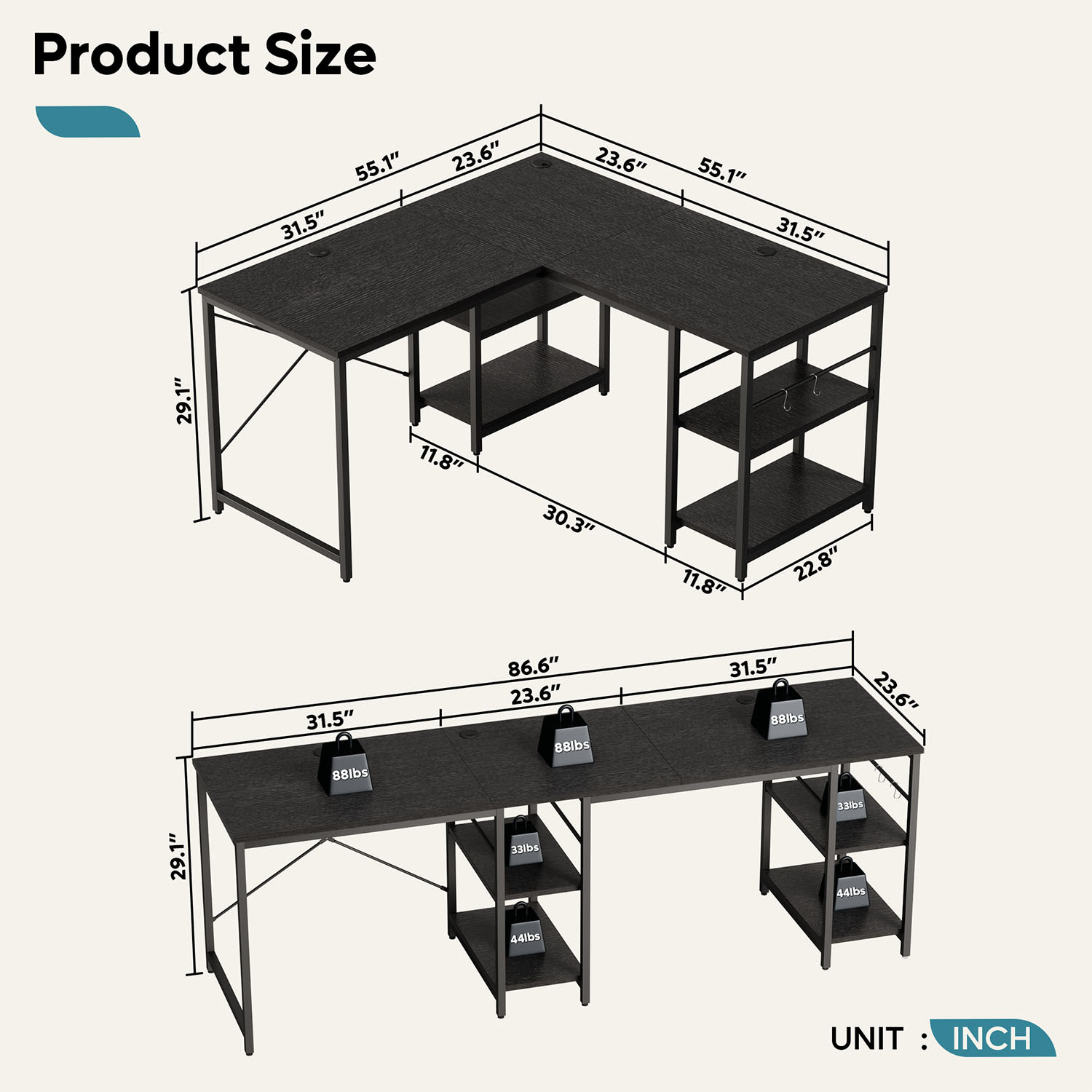 Bestier L-Shaped Corner Computer Desk With Storage Shelf, 3 Cable Holes, 56inW, Grained Black - Image 5