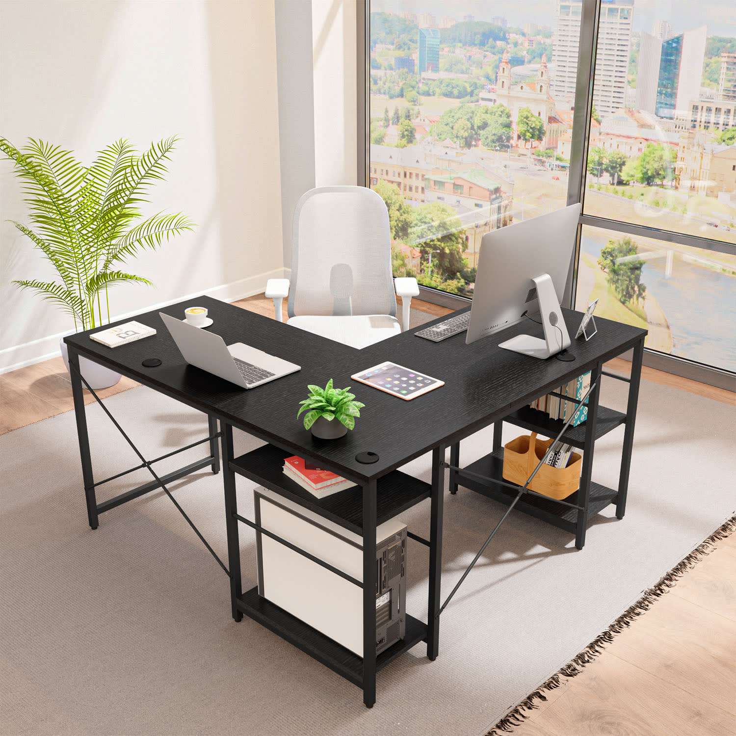 Bestier L-Shaped Corner Computer Desk With Storage Shelf, 3 Cable Holes, 56inW, Grained Black - Image 6