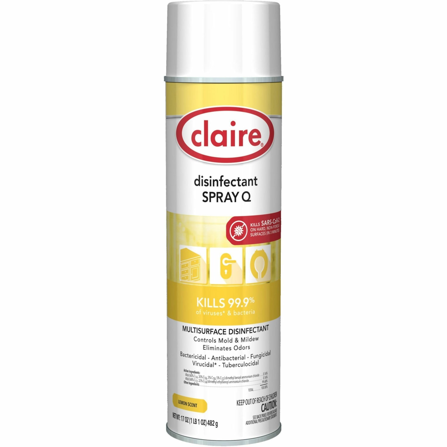 Claire Multipurpose Disinfectant Spray - Ready-To-Use - 17 fl oz (0.5 quart) - Lemon Scent - Antibacterial - Yellow - 12 / Carton - Image 3
