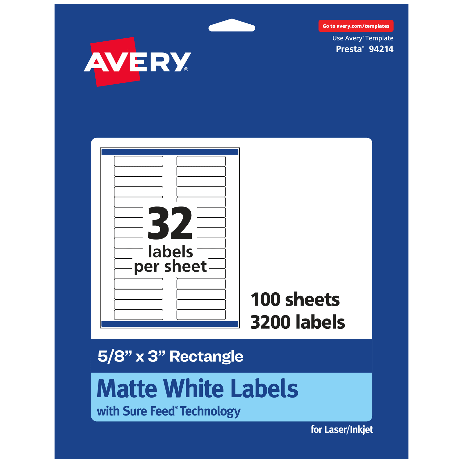 Avery Permanent Labels With Sure Feed, 94214-WMP100, Rectangle, 5/8in x 3in, White, Pack Of 3,200