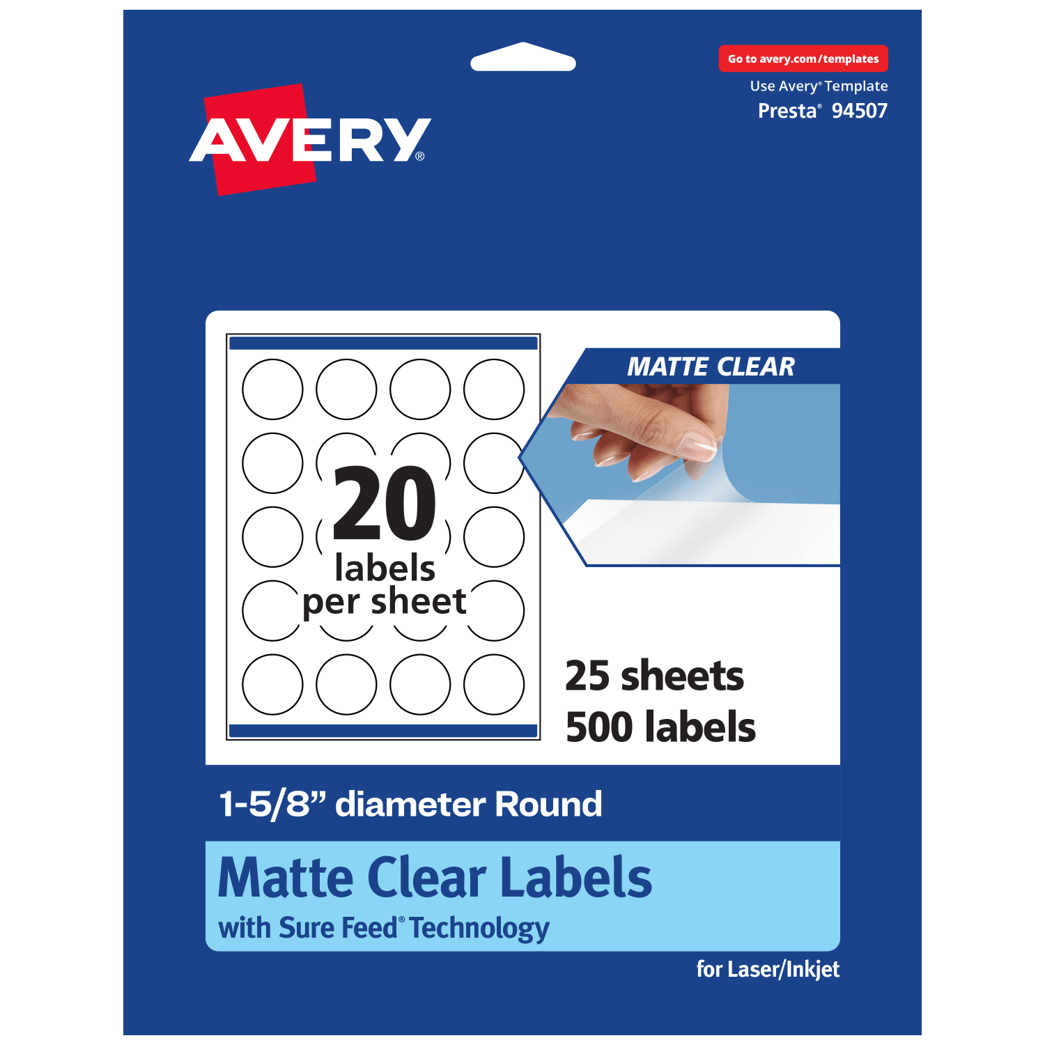 Avery Permanent Labels With Sure Feed, 94507-CMF25, Round, 1-5/8in, Matte Clear, Pack Of 500