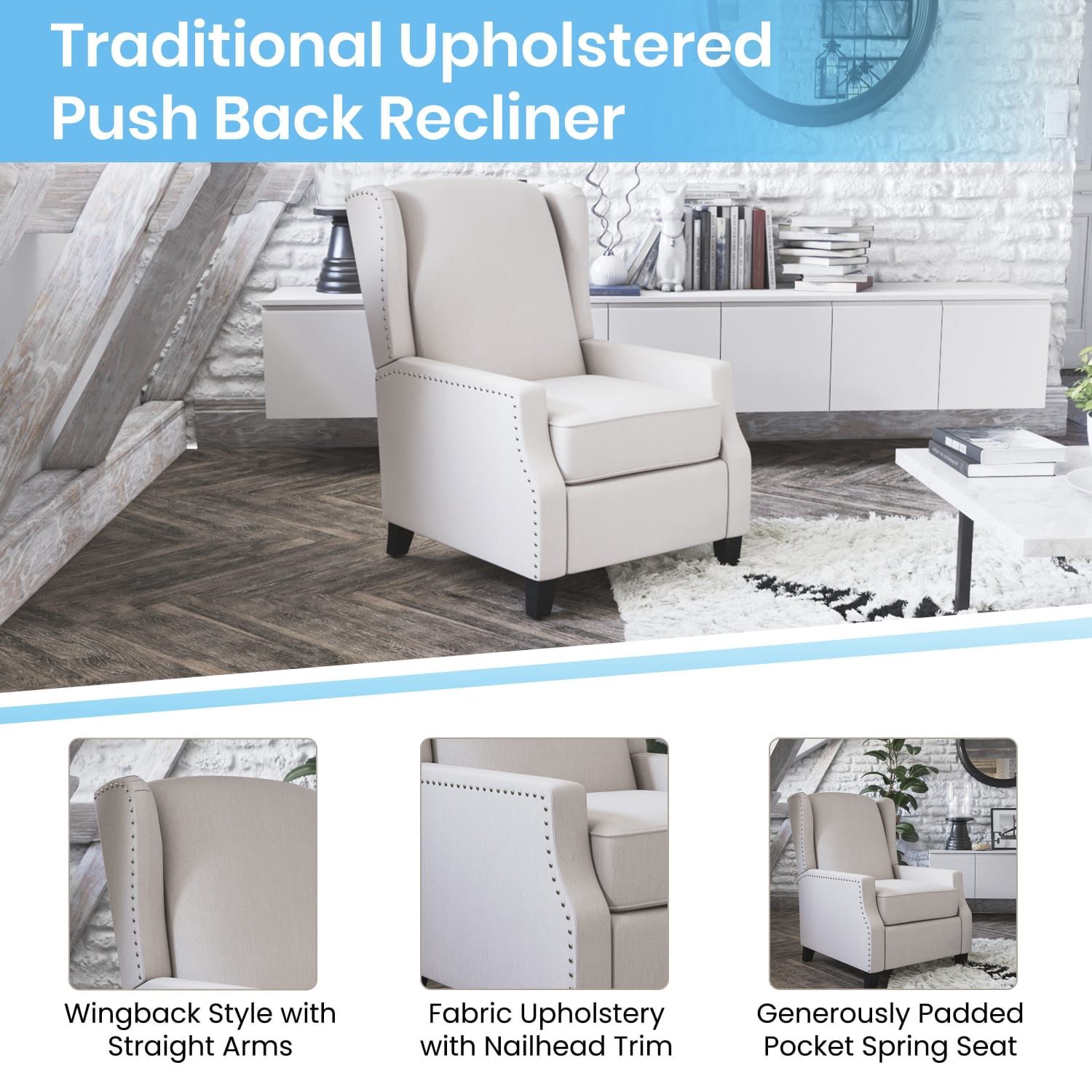 Flash Furniture Prescott Traditional Style Slim Push Back Recliner Accent Chair Cream PopularChairscom