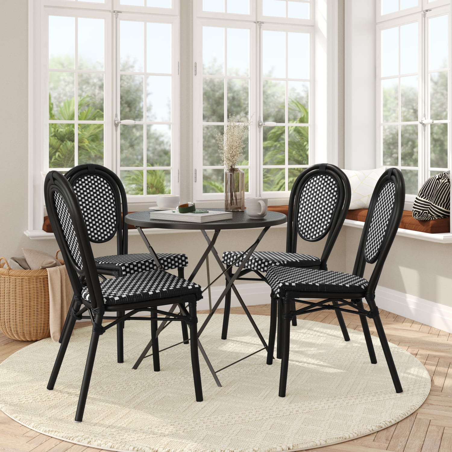 Flash Furniture 4 Pack Lourdes IndoorOutdoor Commercial Thonet Bistro Stacking Chair PE Rattan and Aluminum Frame Black  WhiteBlack Frame PopularChairscom
