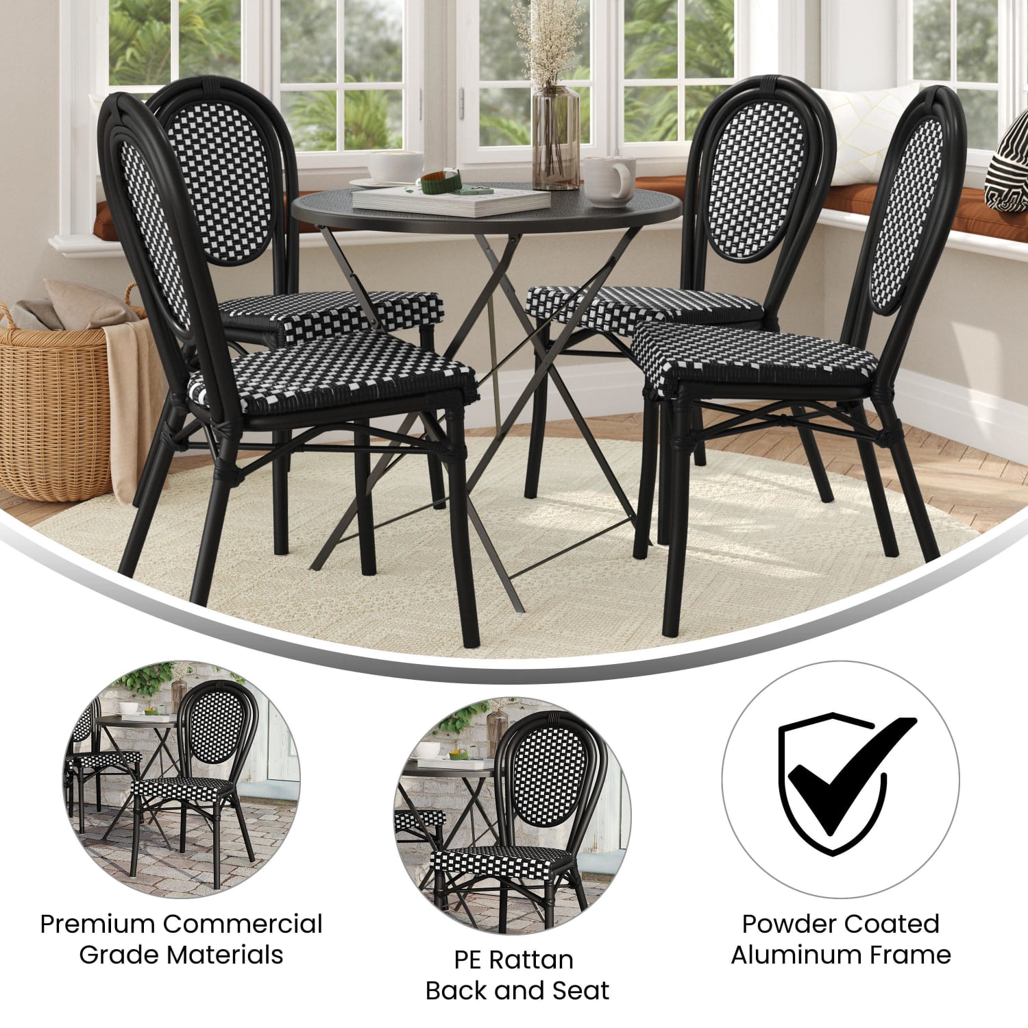 Flash Furniture 4 Pack Lourdes Indoor/Outdoor Commercial Thonet Bistro Stacking Chair, PE Rattan and Aluminum Frame, Black & White/Black Frame - Image 5