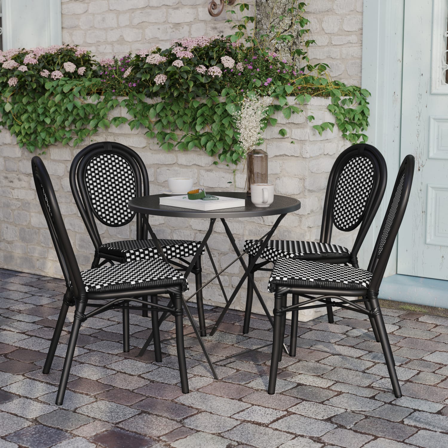 Flash Furniture 4 Pack Lourdes Indoor/Outdoor Commercial Thonet Bistro Stacking Chair, PE Rattan and Aluminum Frame, Black & White/Black Frame - Image 6