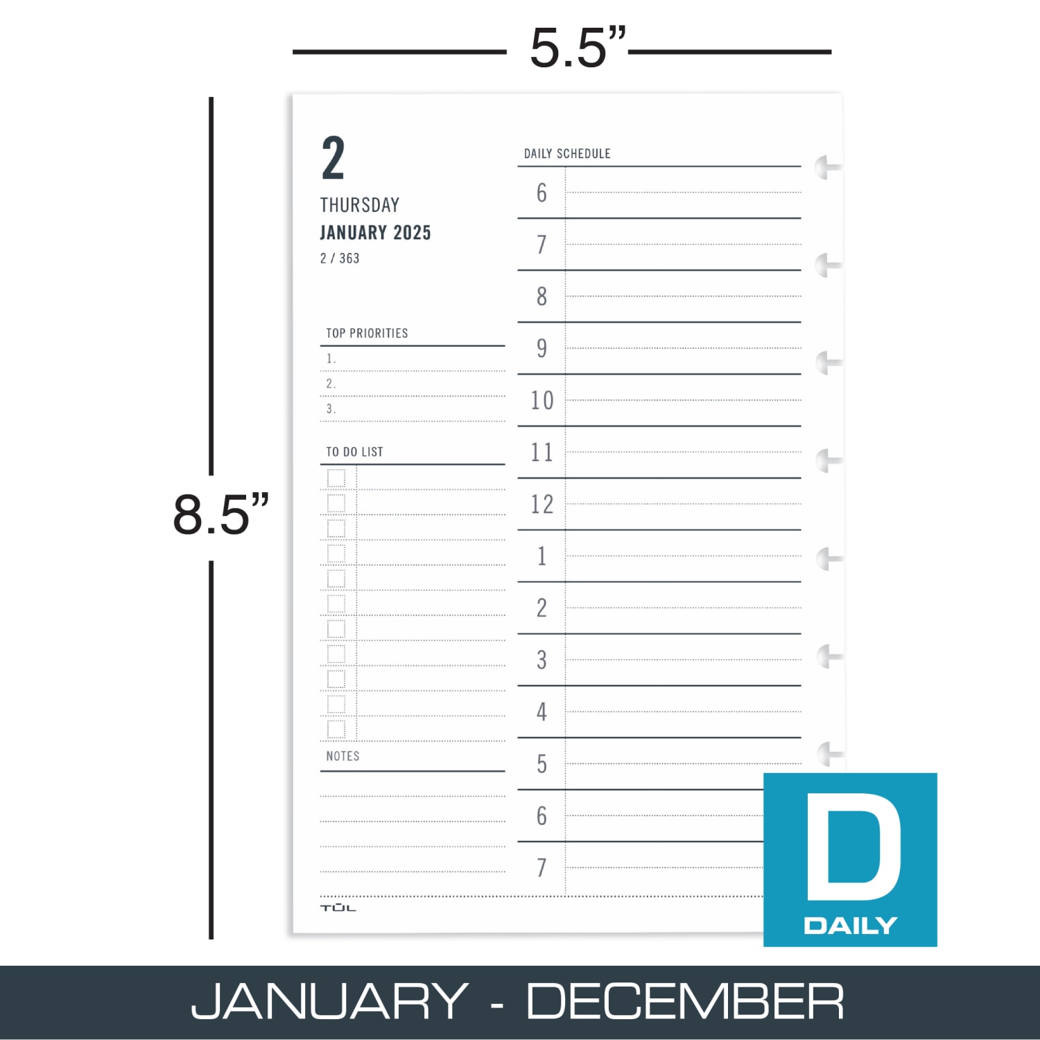 2025 TUL Discbound Daily Planner Refill Pages, Junior Size, January To December - Image 3