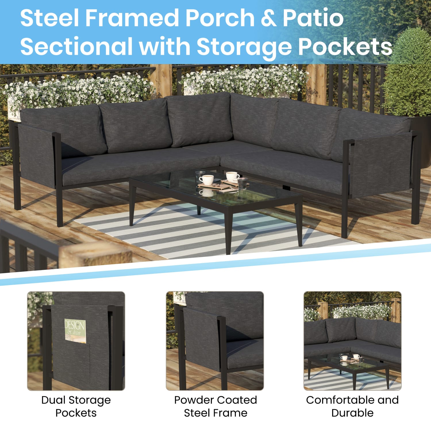 Flash Furniture Lea Steel Indoor/Outdoor Furniture Sectional With Cushions, 26-1/2inH x 85-1/4inW x 85-1/4inD, Charcoal/Black - Image 5