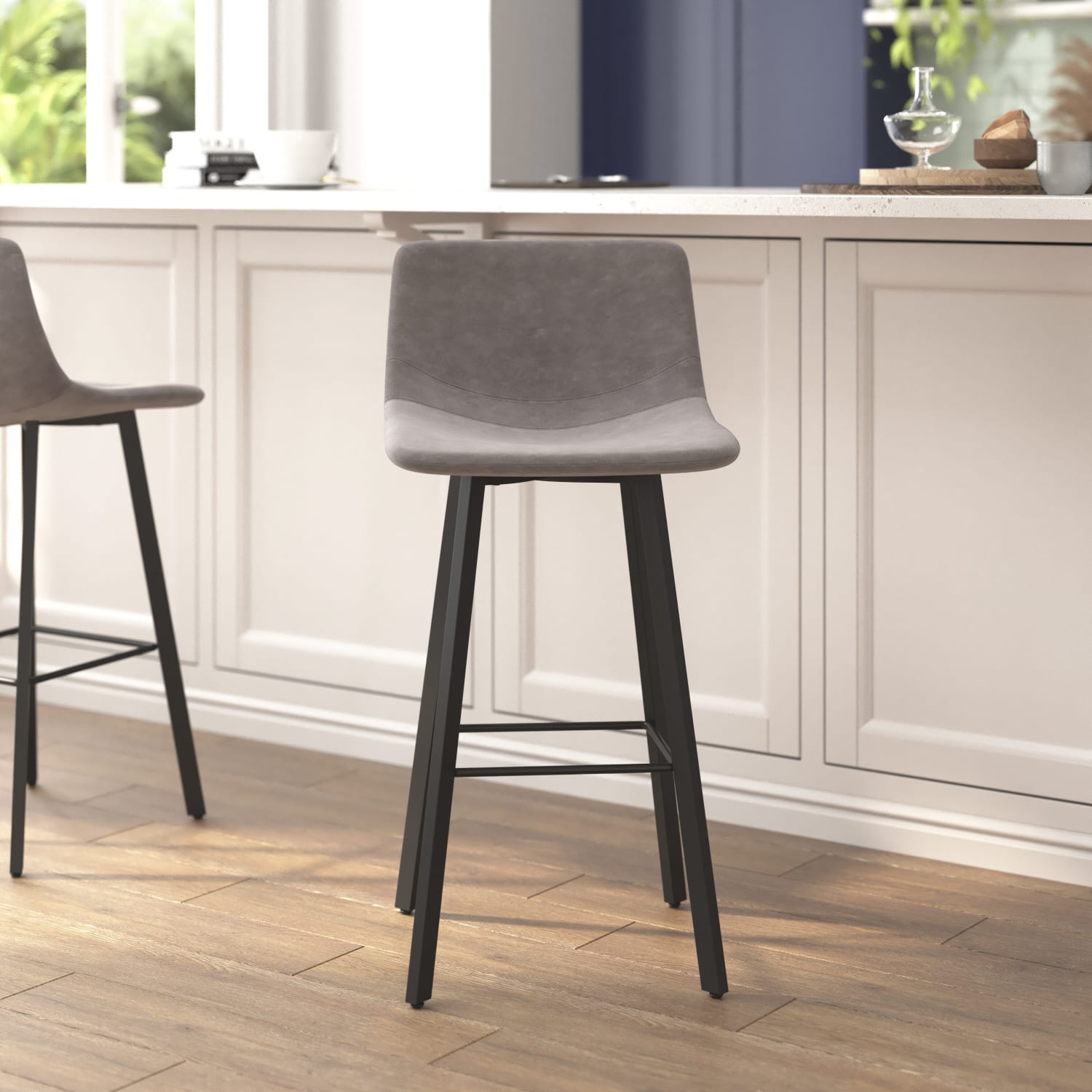 Flash Furniture Caleb Modern Armless 30 Inch Bar Height Commercial Grade Barstools with Footrests and Matte Iron Frames, Set of 2, Gray LeatherSoft