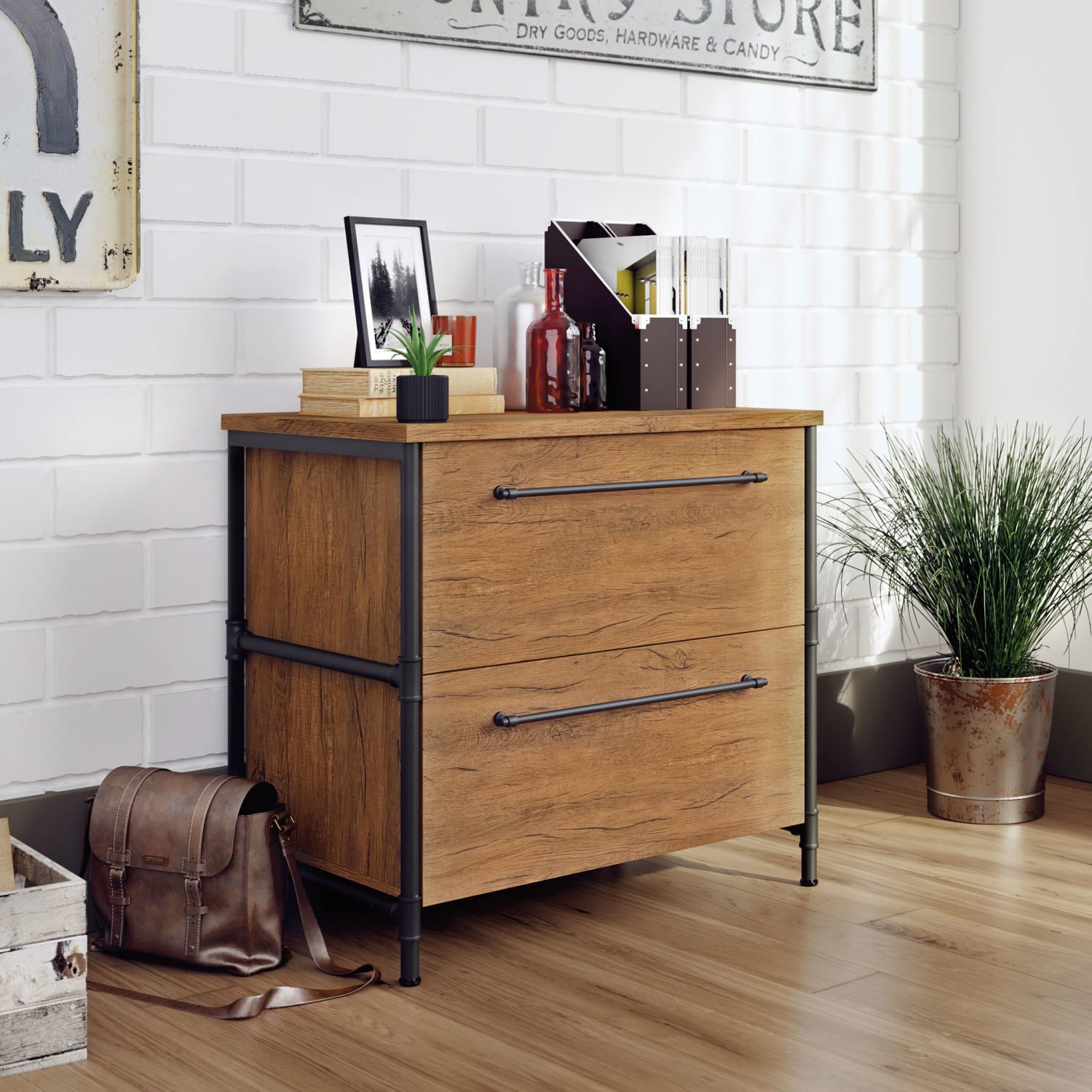 Sauder Iron City 31inW x 20inD Lateral 2-Drawer File Cabinet, Checked Oak - Image 5