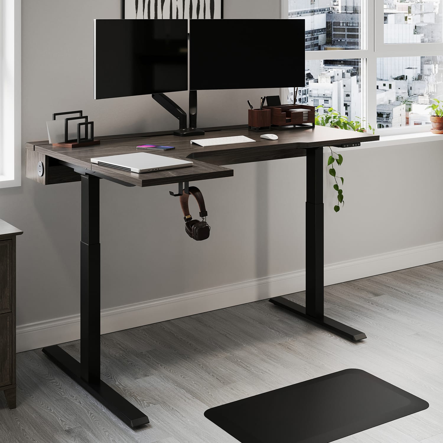 Realspace Koru Electric 59inW L-Shaped Height-Adjustable Standing Desk with Integrated Power & Charging, Espresso Oak - Image 3