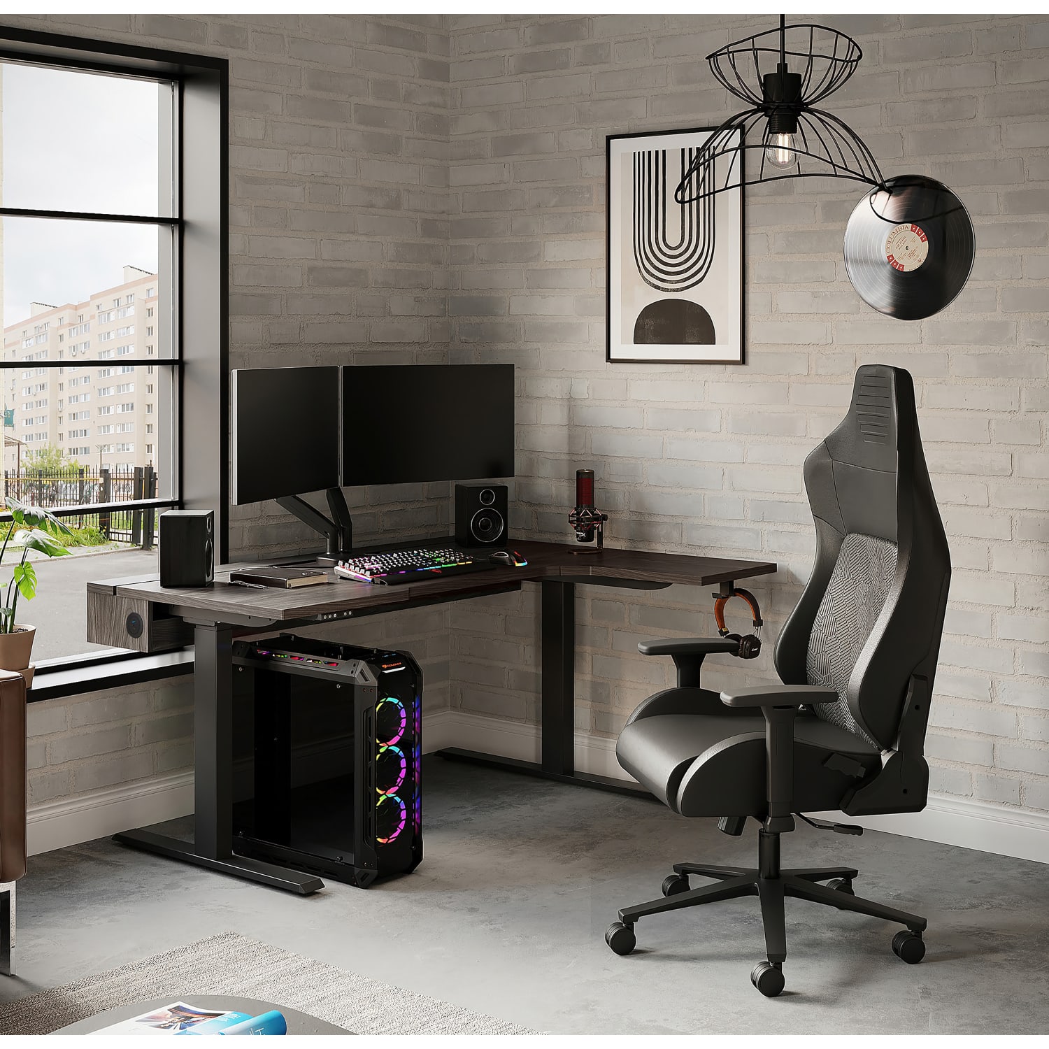 Realspace Koru Electric 59inW L-Shaped Height-Adjustable Standing Desk with Integrated Power & Charging, Espresso Oak - Image 5