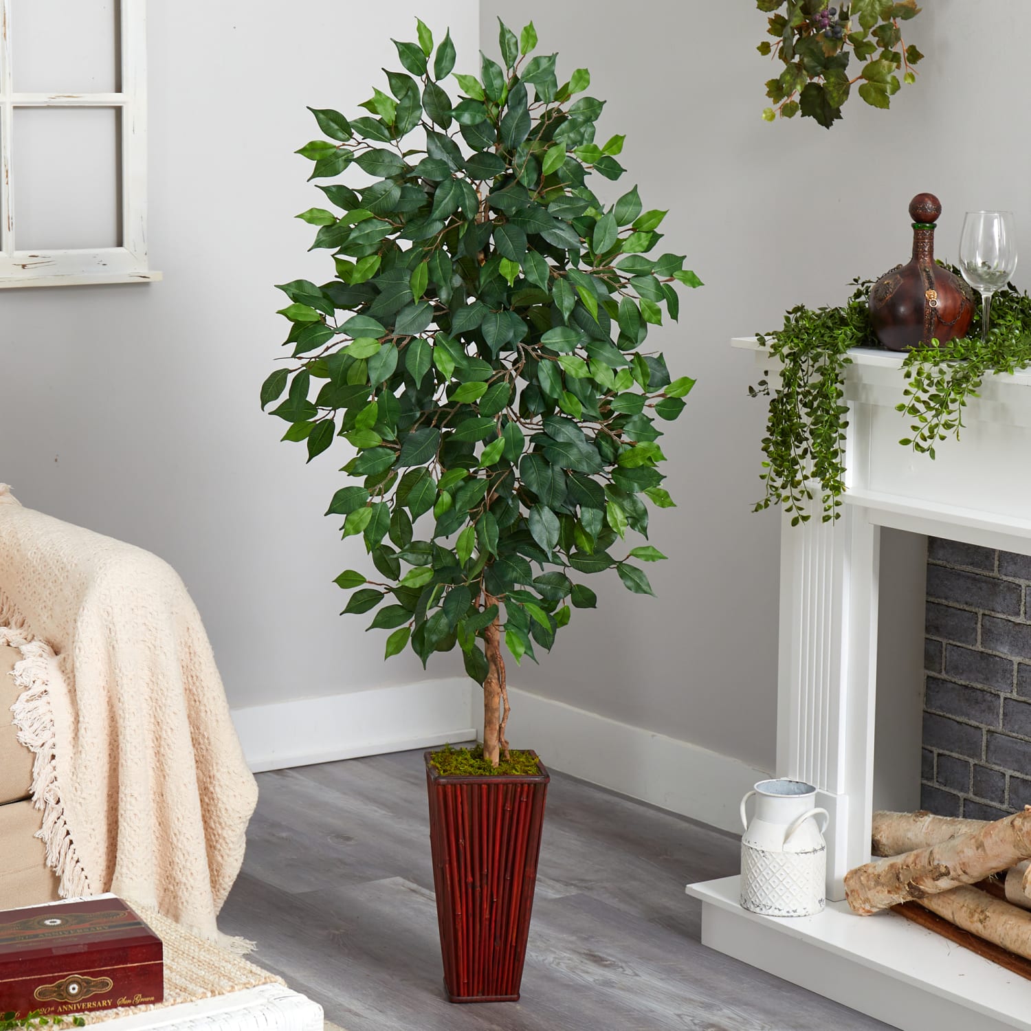 Nearly Natural Ficus 60inH Artificial Plant With Bamboo Planter, 60inH x 21inW x 19inD, Green/Brown - Image 4