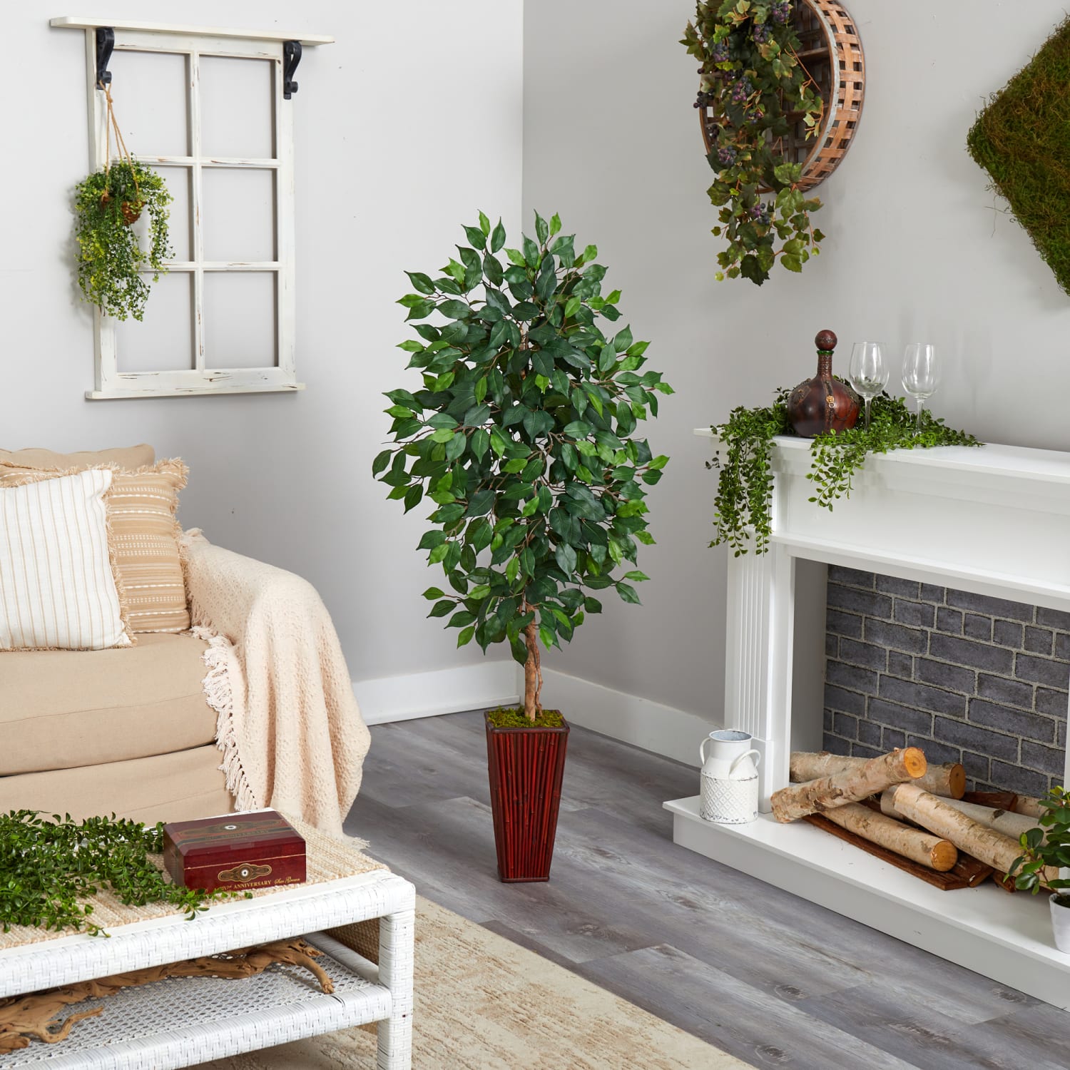 Nearly Natural Ficus 60inH Artificial Plant With Bamboo Planter, 60inH x 21inW x 19inD, Green/Brown - Image 5