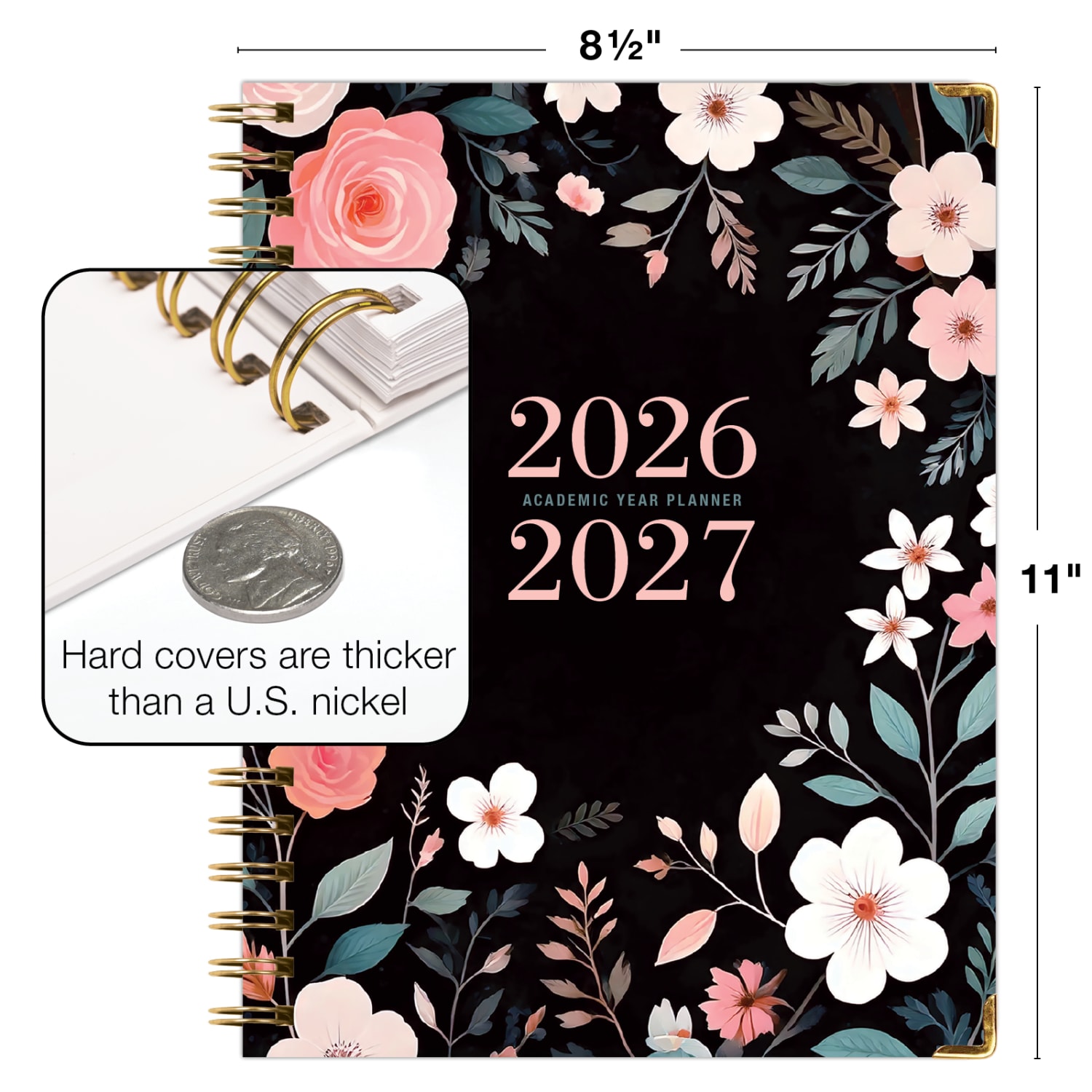 2026-2027 Excello Brands 14-Month Academic Year Hardcover Weekly/Monthly Fashion Planner, 8-1/2in x 11in, Black Floral Pink, May To June, Total Qty 1 - Image 5