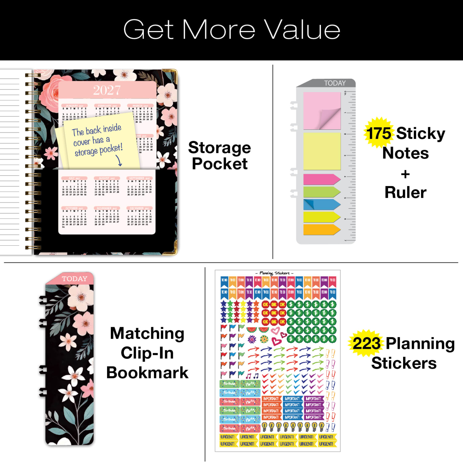 2026-2027 Excello Brands 14-Month Academic Year Hardcover Weekly/Monthly Fashion Planner, 8-1/2in x 11in, Black Floral Pink, May To June, Total Qty 1 - Image 6