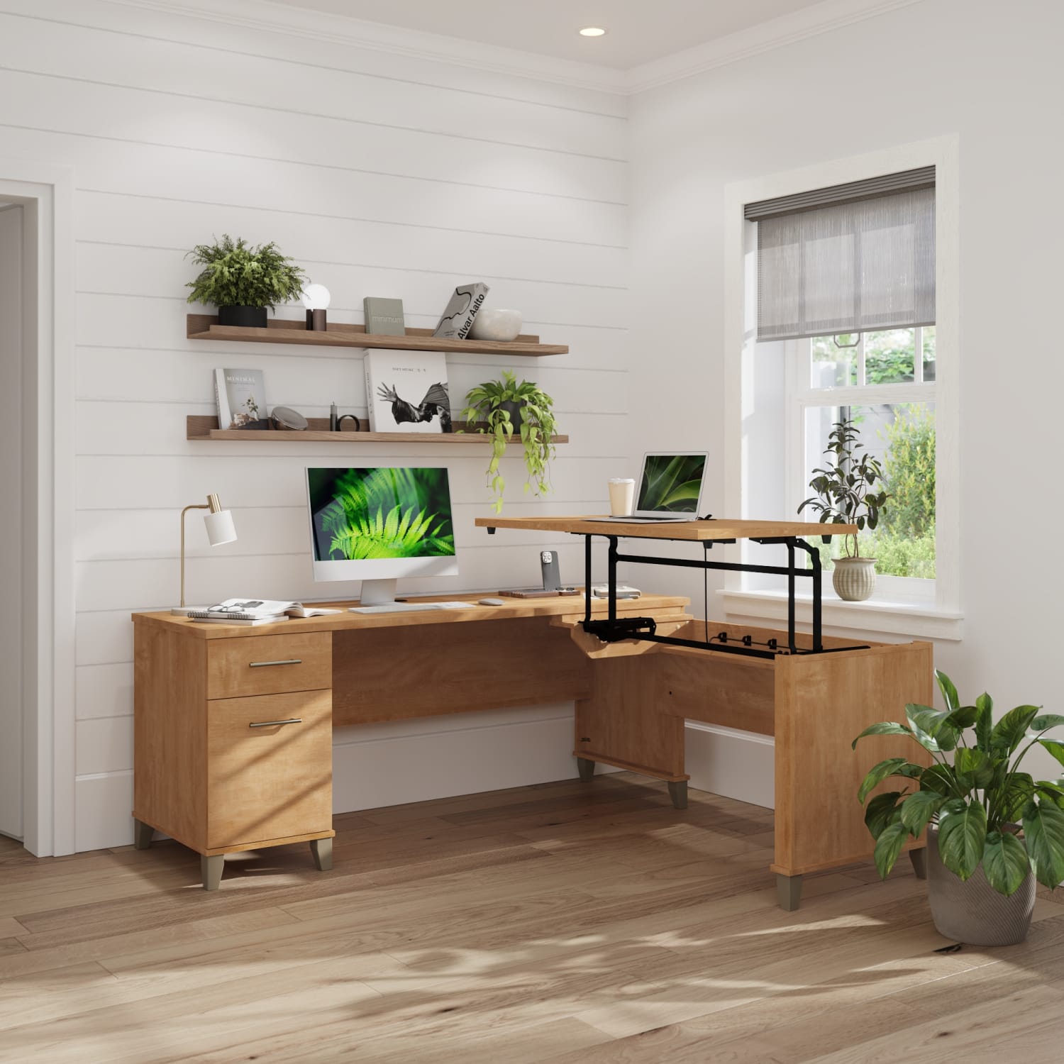 Bush Furniture Somerset 3 Position Sit to Stand L Shaped Desk, 72inW, Maple Cross, Standard Delivery - Image 3