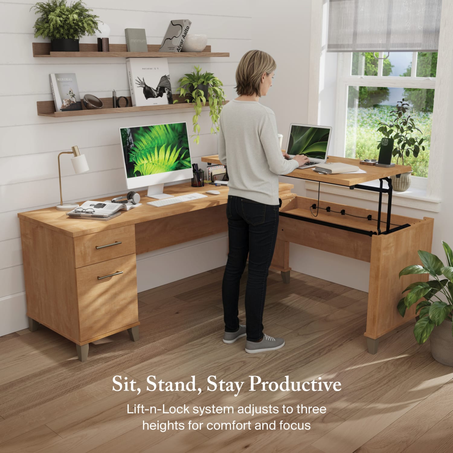 Bush Furniture Somerset 3 Position Sit to Stand L Shaped Desk, 72inW, Maple Cross, Standard Delivery - Image 6