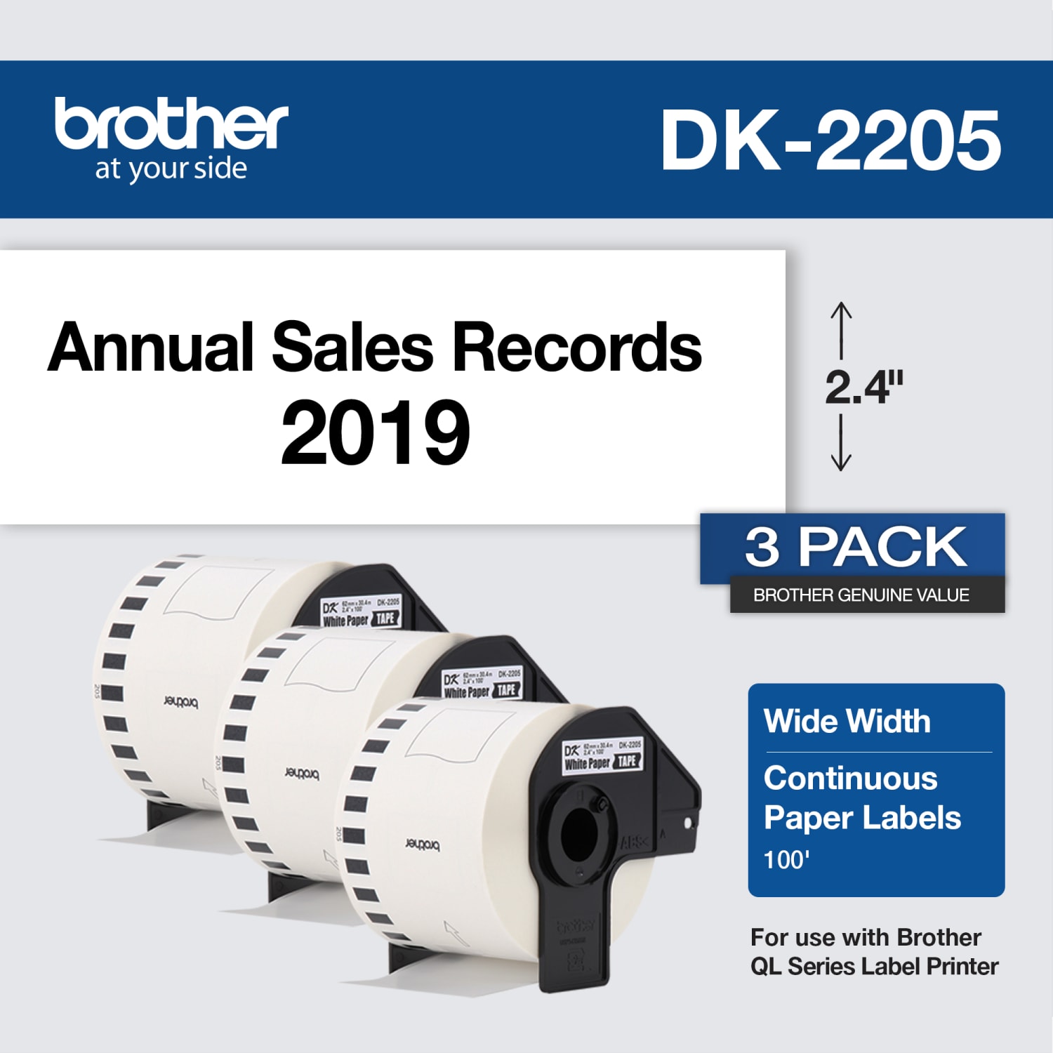 Brother Genuine DK-22053PK Continuous Paper Label Rolls, 2-7/16in x 100ft, White, Box Of 3 Rolls - Image 3