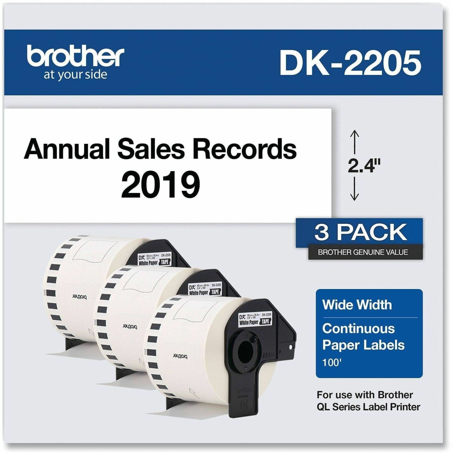 Brother Genuine DK-22053PK Continuous Paper Label Rolls, 2-7/16in x 100ft, White, Box Of 3 Rolls - Image 4