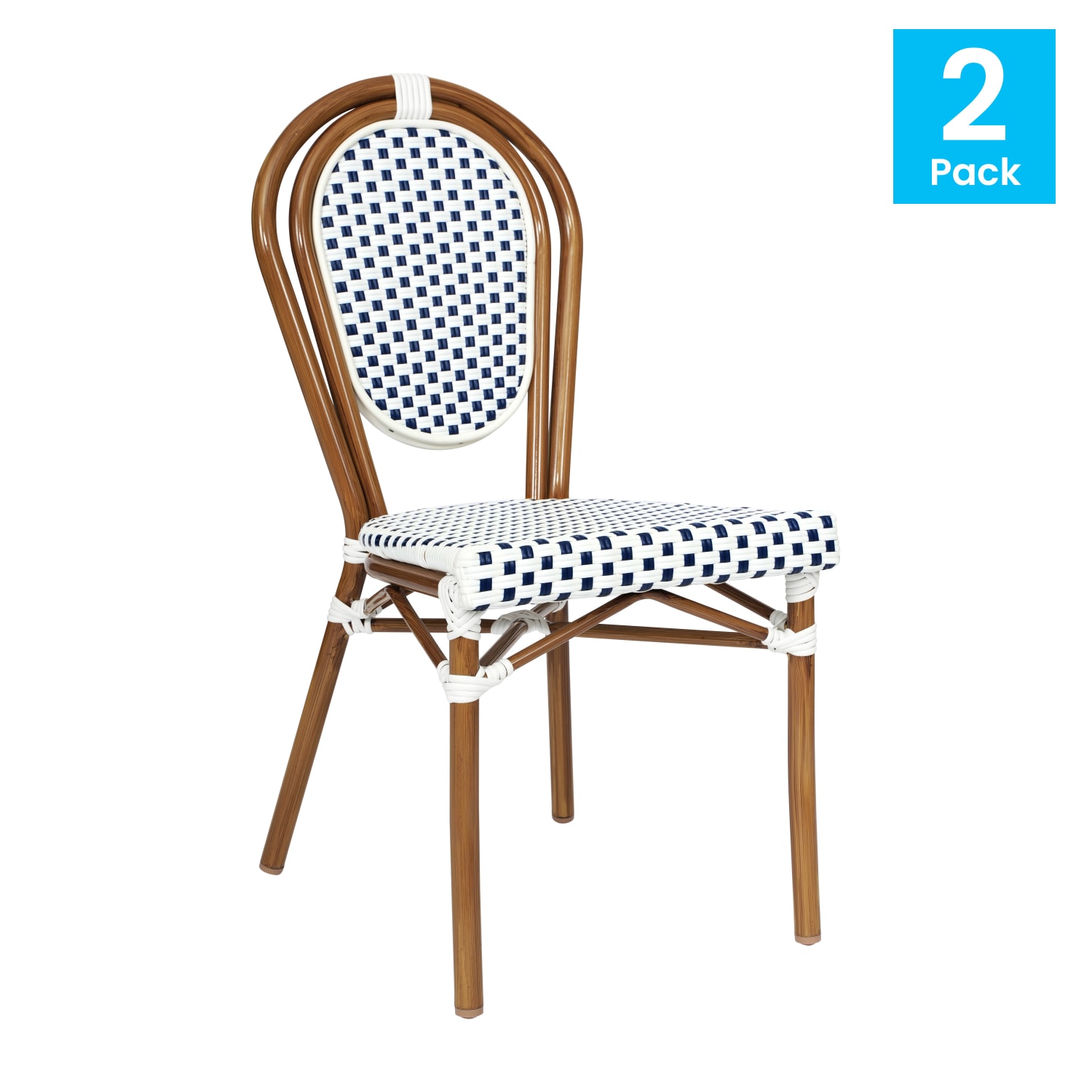 Flash Furniture 2 Pack Lourdes Indoor/Outdoor Commercial Thonet Bistro Stacking Chair, PE Rattan and Aluminum Frame, White & Navy/Natural Frame - Image 3