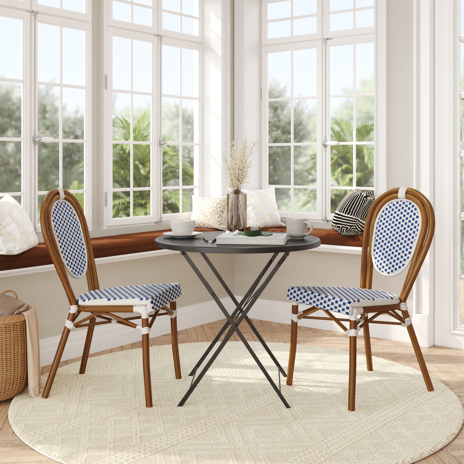 Flash Furniture 2 Pack Lourdes Indoor/Outdoor Commercial Thonet Bistro Stacking Chair, PE Rattan and Aluminum Frame, White & Navy/Natural Frame - Image 4