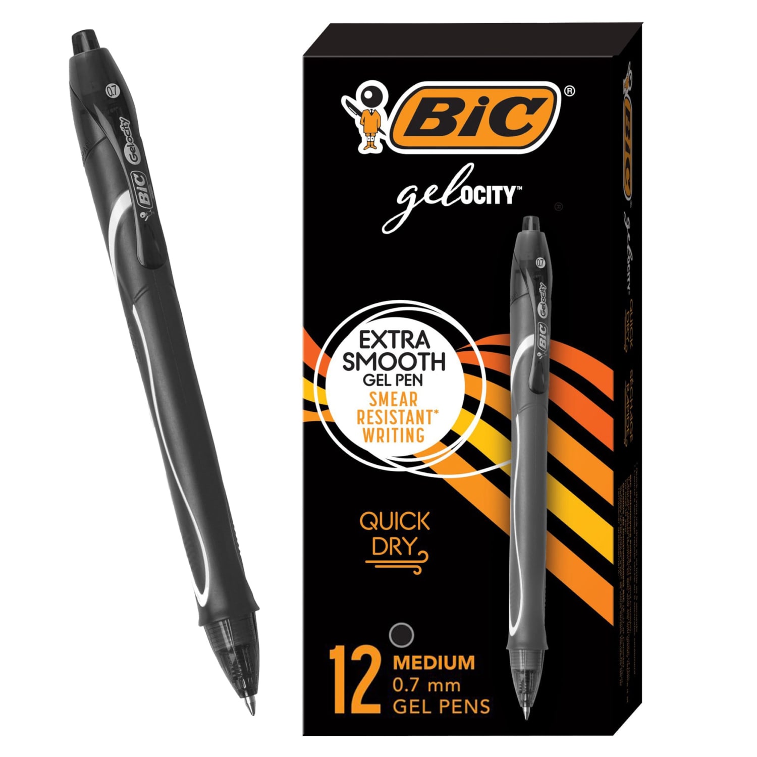 BIC Gelocity Quick Dry Retractable Gel Pens, Medium Point, 0.7 mm, Black Barrel, Black Ink, Pack Of 12