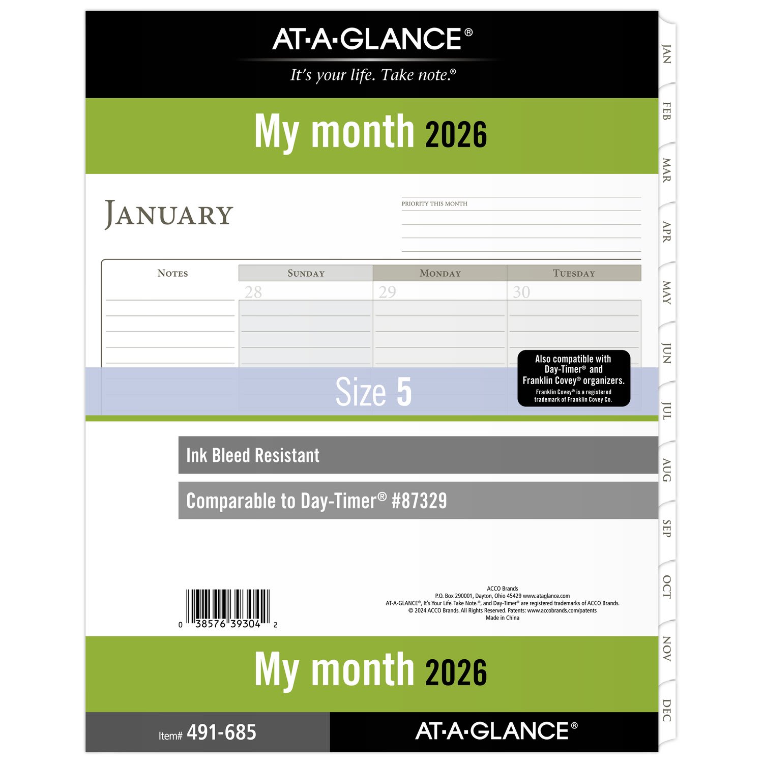 AT-A-GLANCE 2026 Monthly Planner Refill, Loose-Leaf, Folio Size, 8 1/2in x 11in