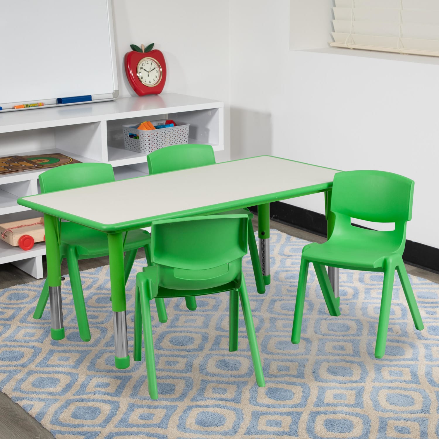 Flash Furniture Rectangular Plastic Height-Adjustable Activity Table Set With 4 Chairs, 23-1/2inH x 23-5/8inW x 47-1/4inD, Green