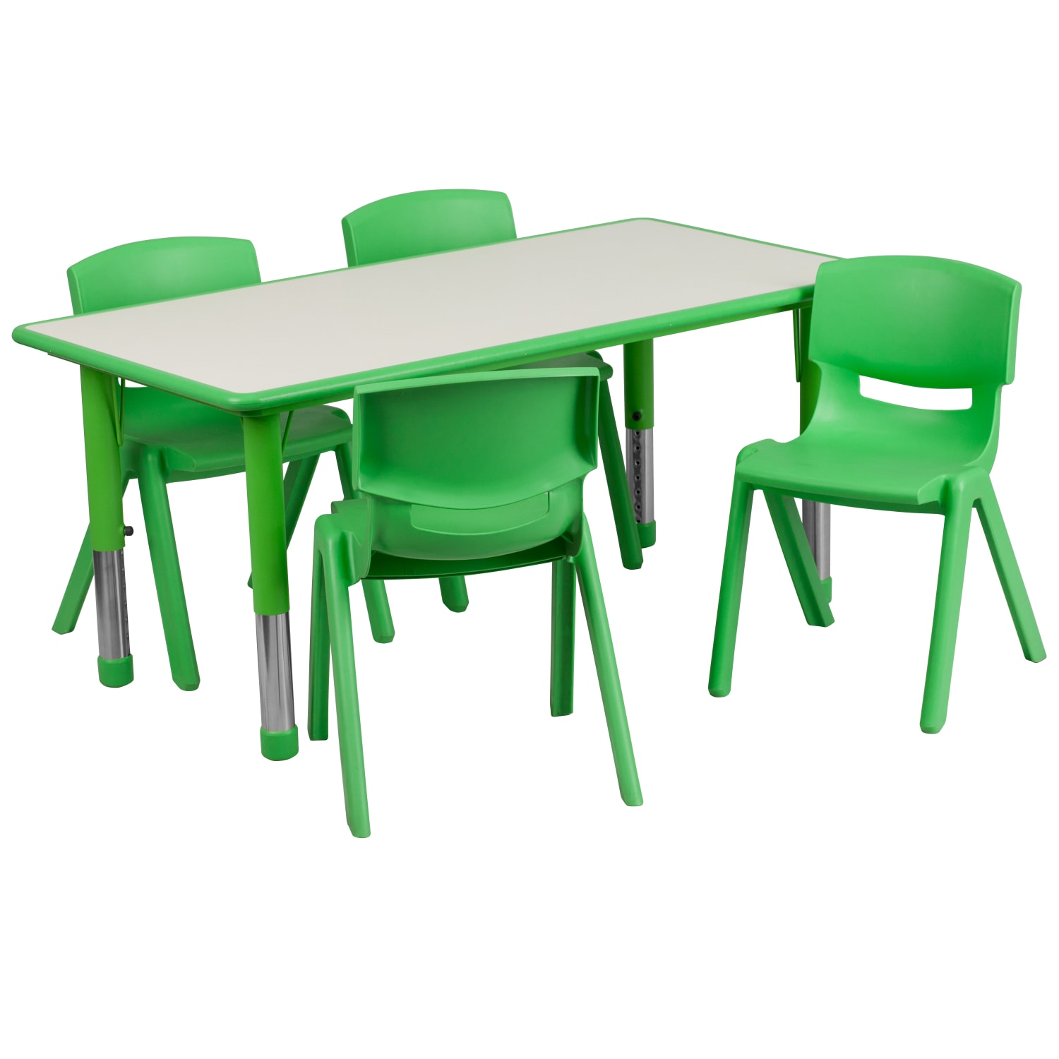 Flash Furniture Rectangular Plastic Height Adjustable Activity Table Set With 4 Chairs 23 12inH x 23 58inW x 47 14inD Green PopularChairscom