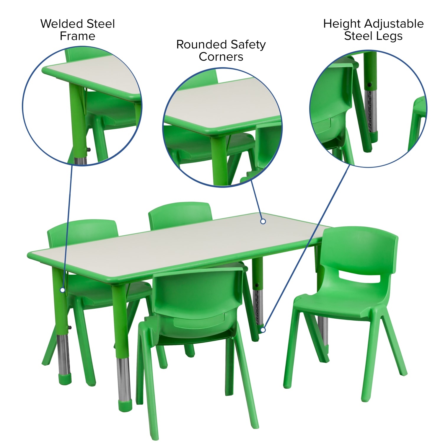 Flash Furniture Rectangular Plastic Height Adjustable Activity Table Set With 4 Chairs 23 12inH x 23 58inW x 47 14inD Green PopularChairscom
