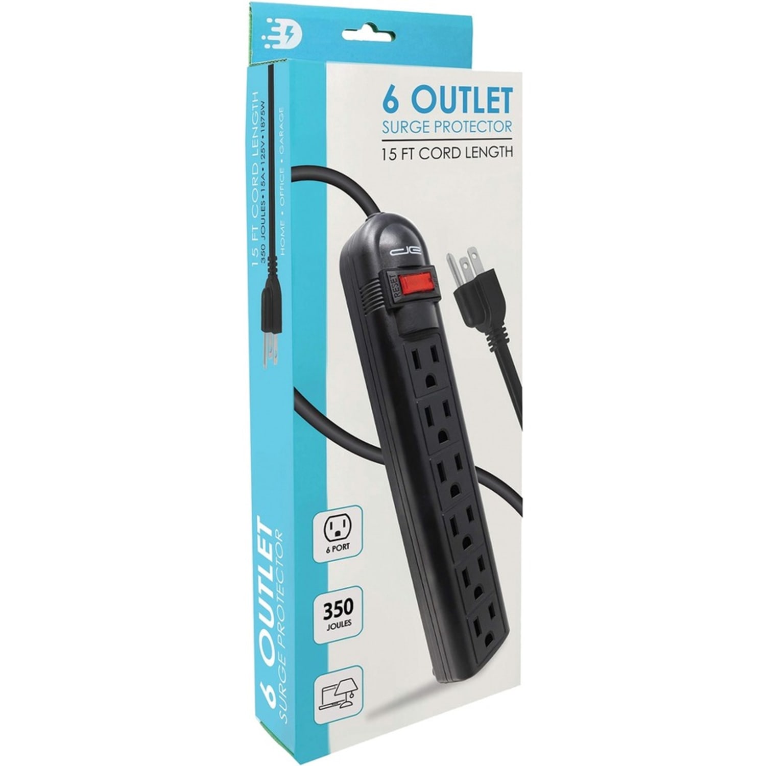 Digital Energy World 6-Outlet Surge Protector Power Strip with 15-Foot Cord (Black) - 6 x AC Power - 1875 VA - 350 J - 120 V AC Input - 15 ft - Image 3