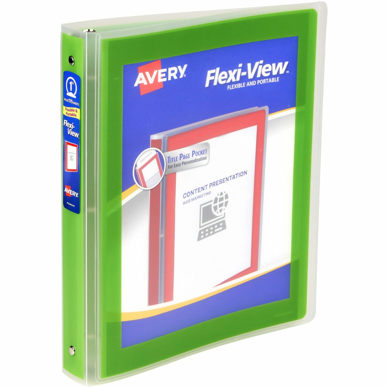 Avery Flexi-View 3 Ring Binder, 1 Inch Round Rings, 1 Chartreuse Green Binder - 1in Binder Capacity - Letter - 8 1/2in x 11in Sheet Size - 175 Sheet Capacity - Round Ring Fastener(s) - 1 Inside Back Pocket(s) - Polypropylene, Poly - Chartreuse Green - Image 3