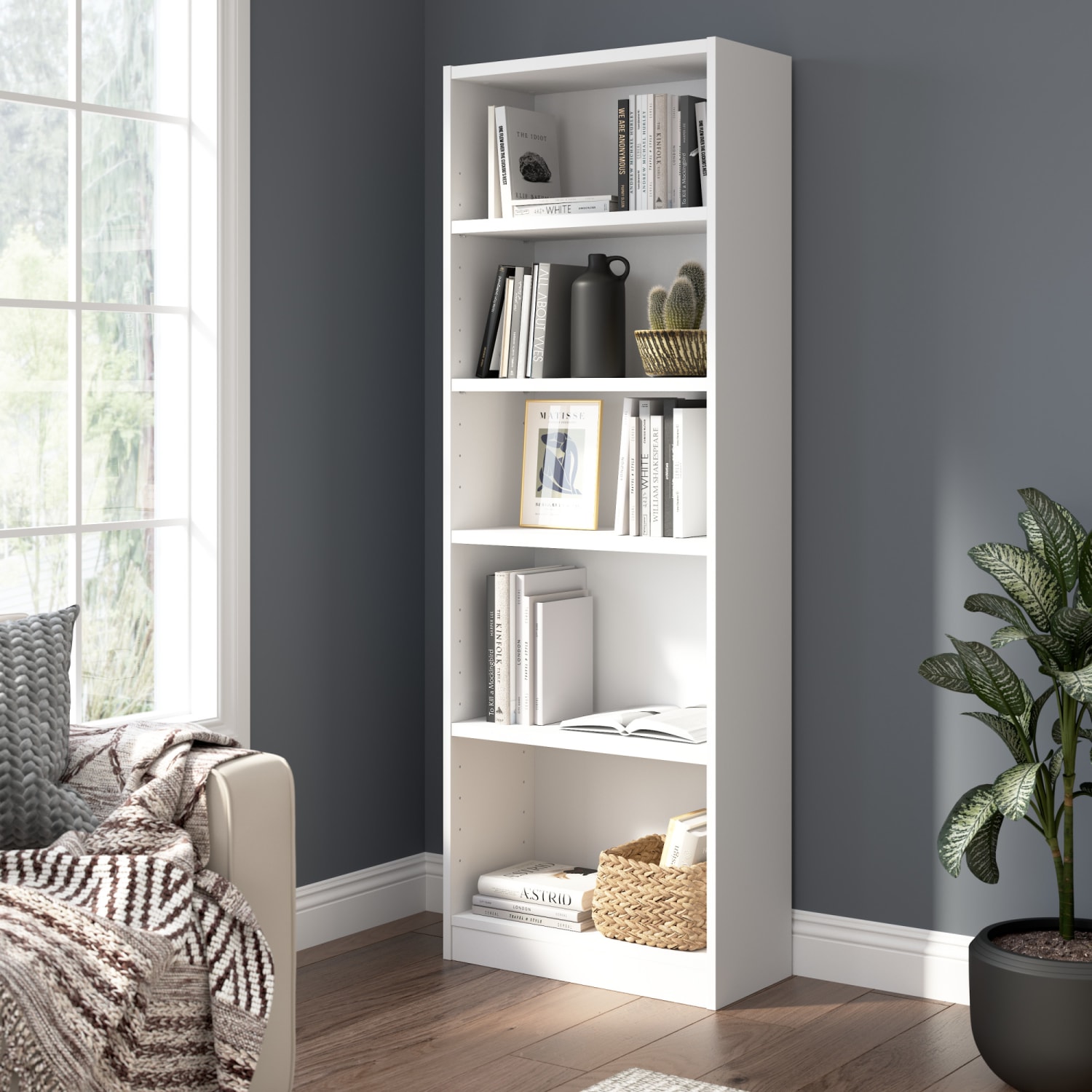 Bush Furniture Universal 71inH Narrow 5 Shelf Bookcase - White, Standard Delivery